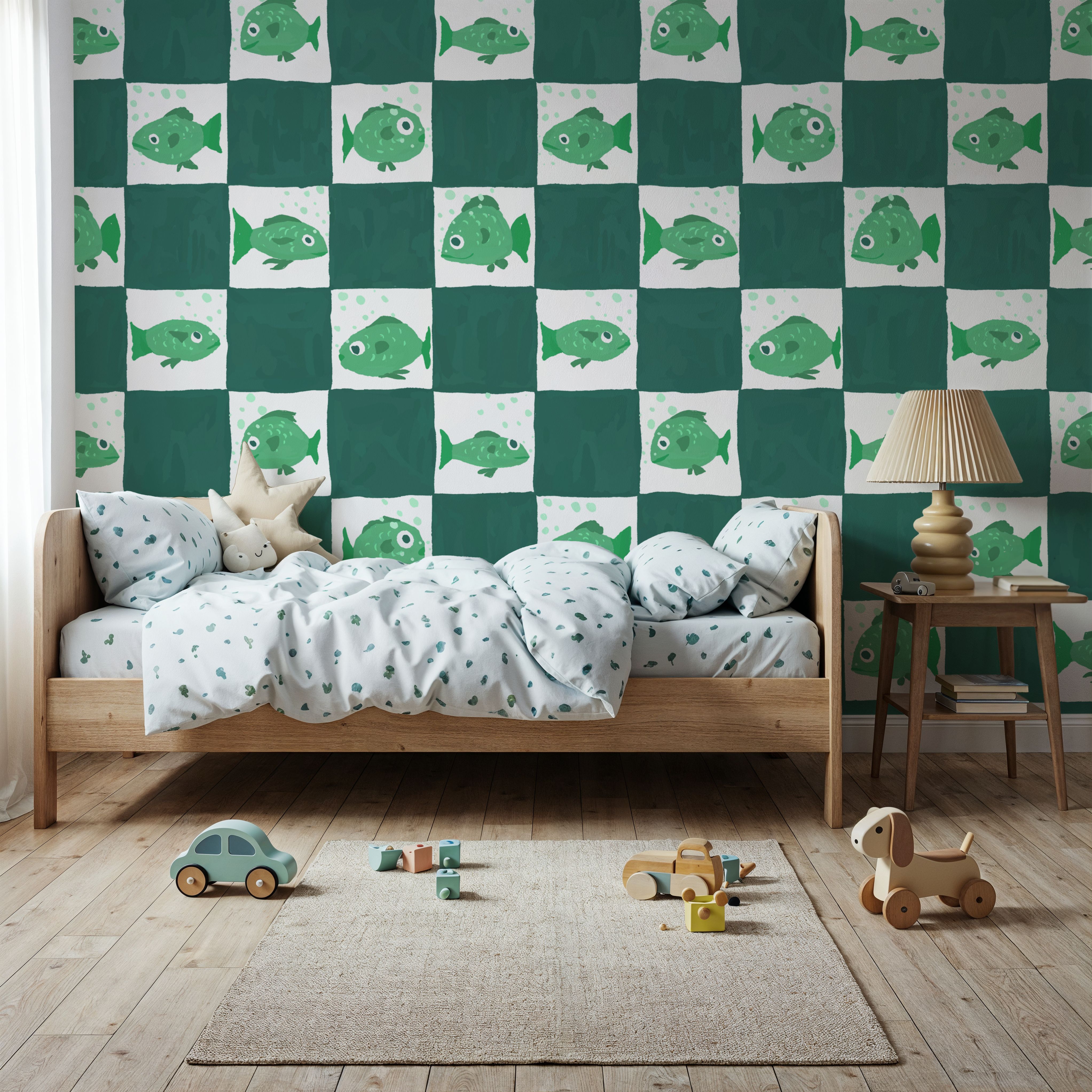 Fish Checkers, Green, Papel pintado