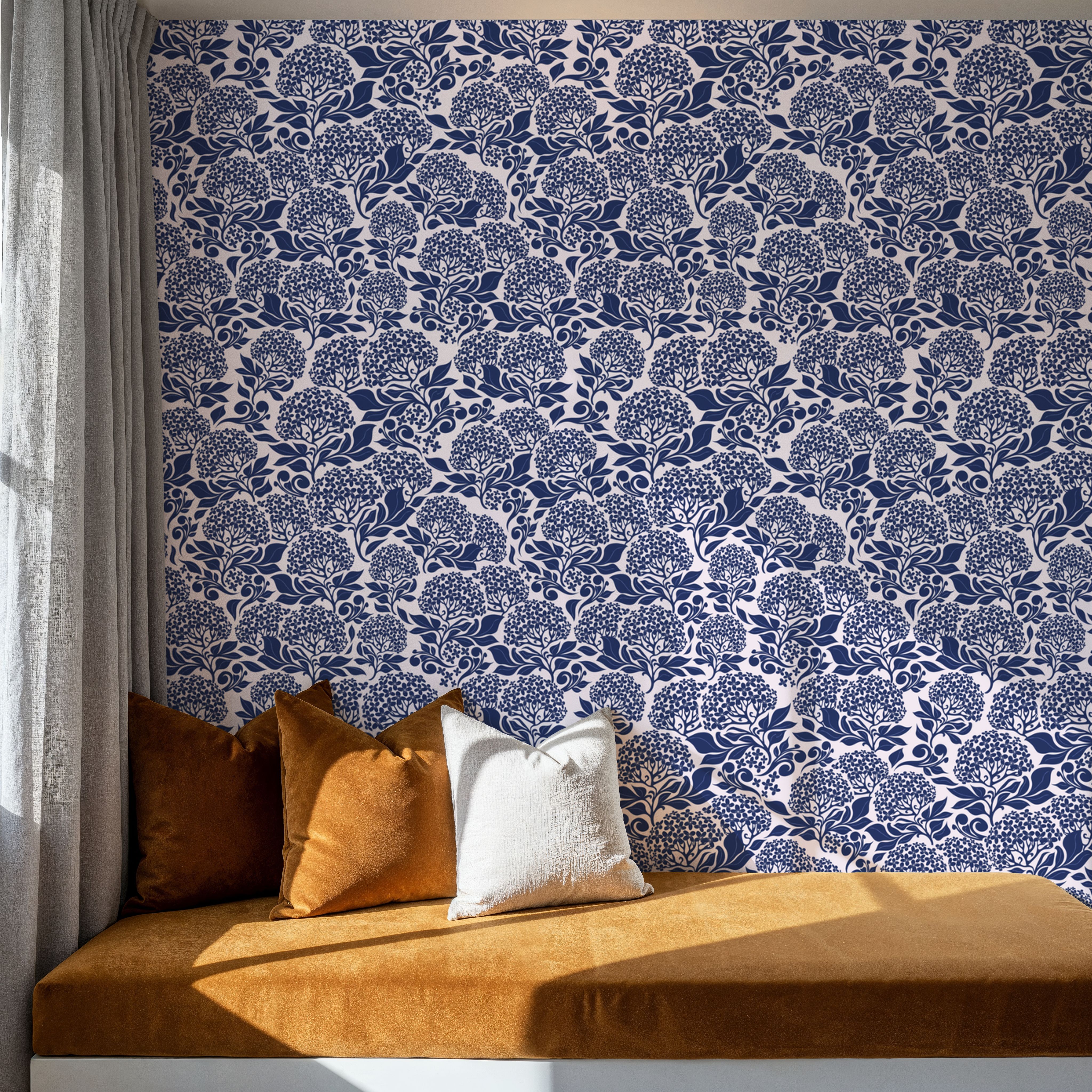 Hydrangea, Navy on Cream