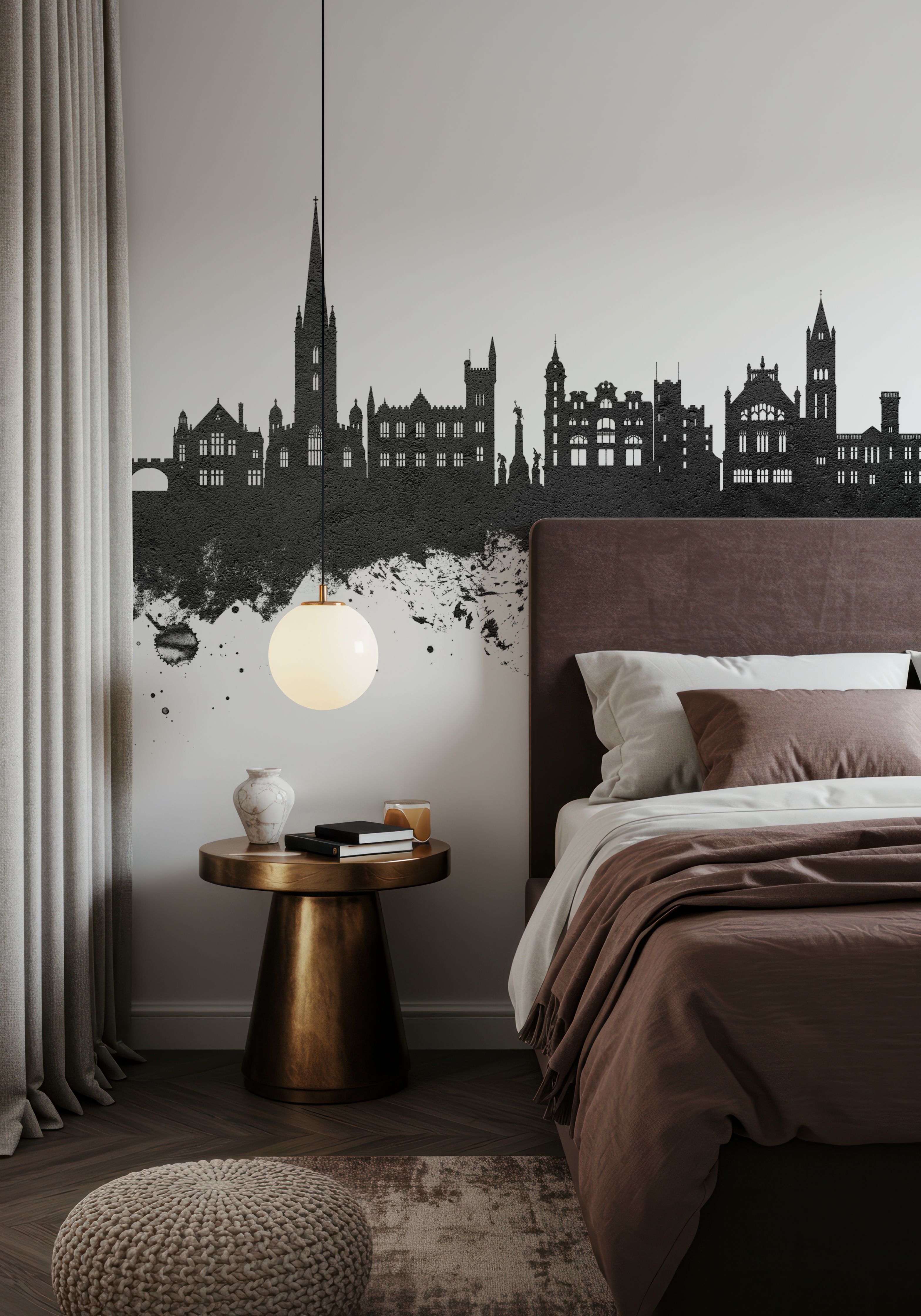 Wall Mural - Derry Northern Ireland Skyline Black & White - Dining Room - Wallism US - Premium, Textured or Peel & Stick