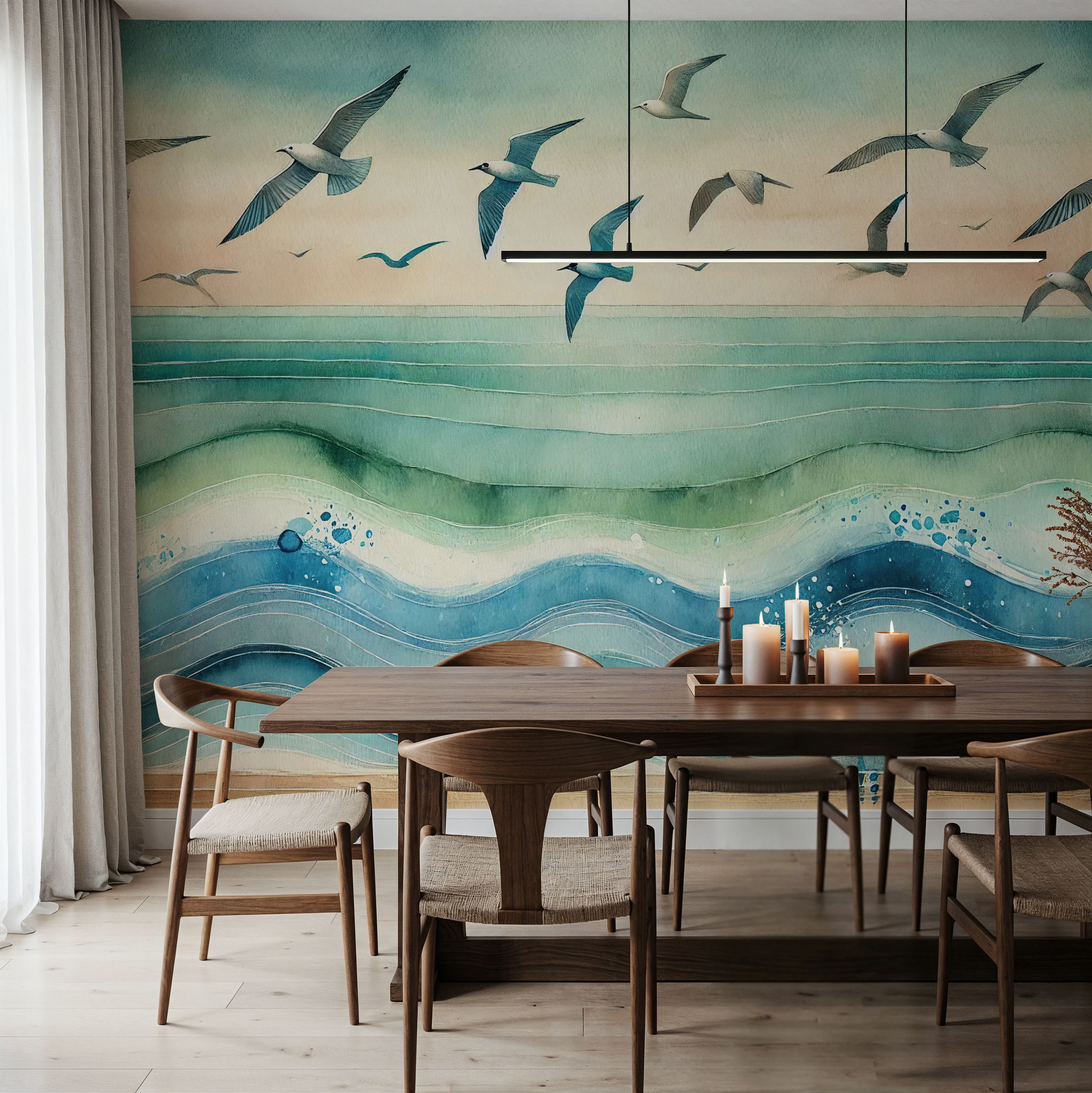 Seagulls Soar Above Waves in Art Deco