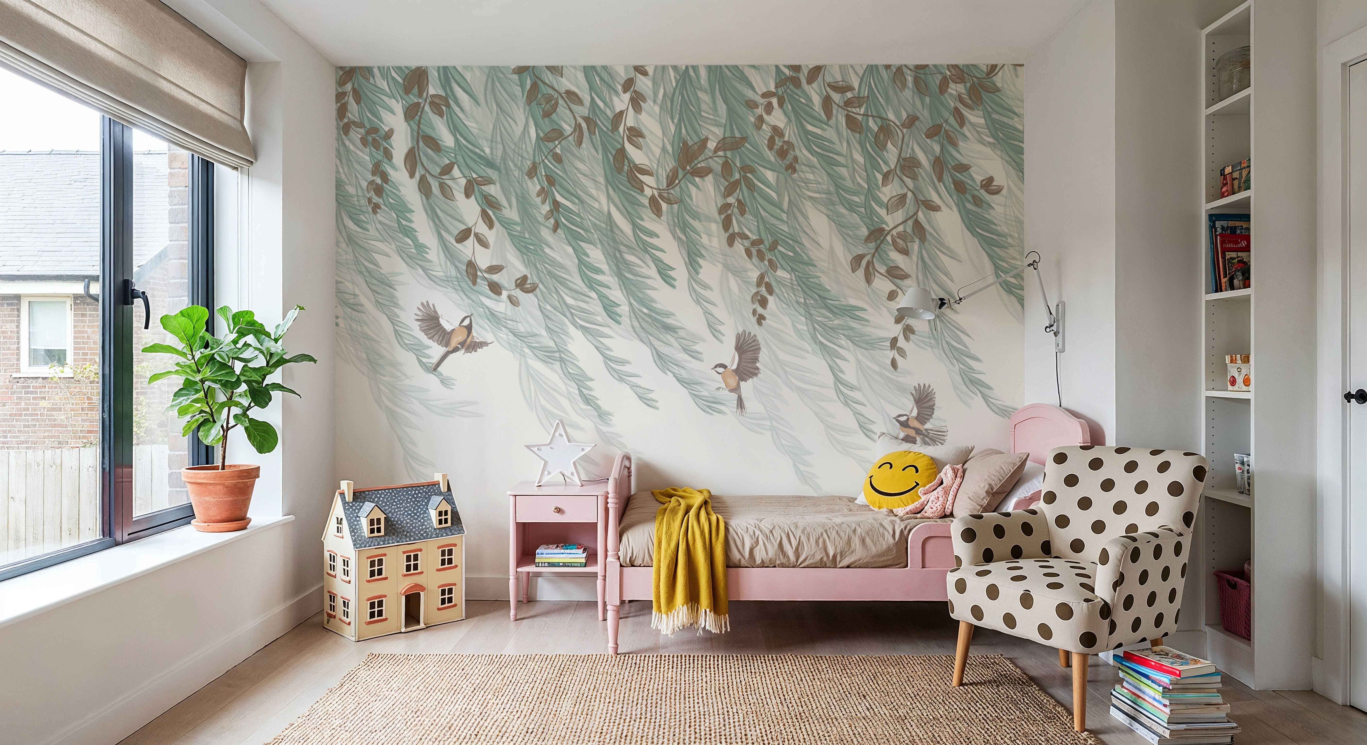  Willow & Birds, White, Wallpaper
