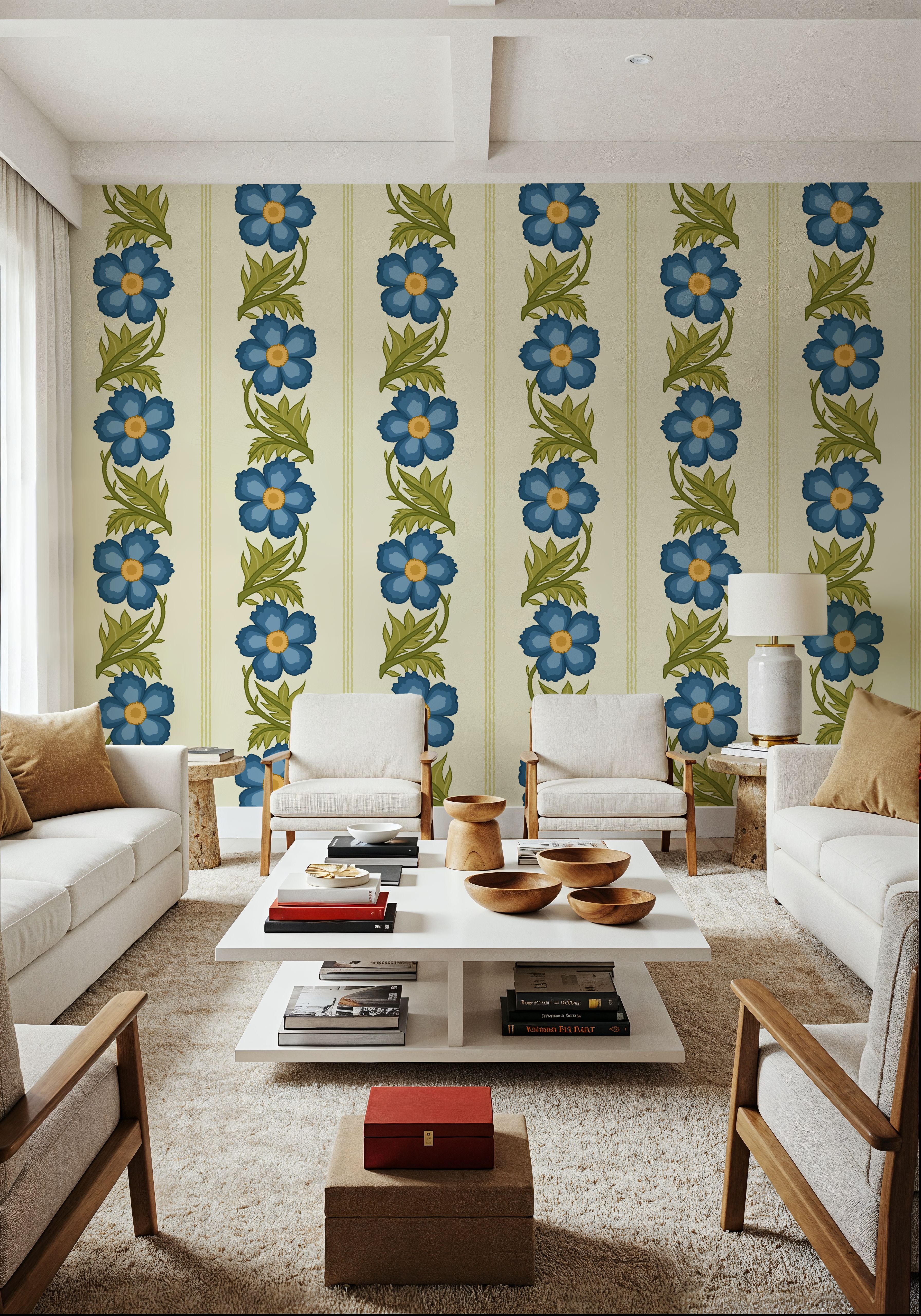 Floral Stripe, Blue, Papier peint