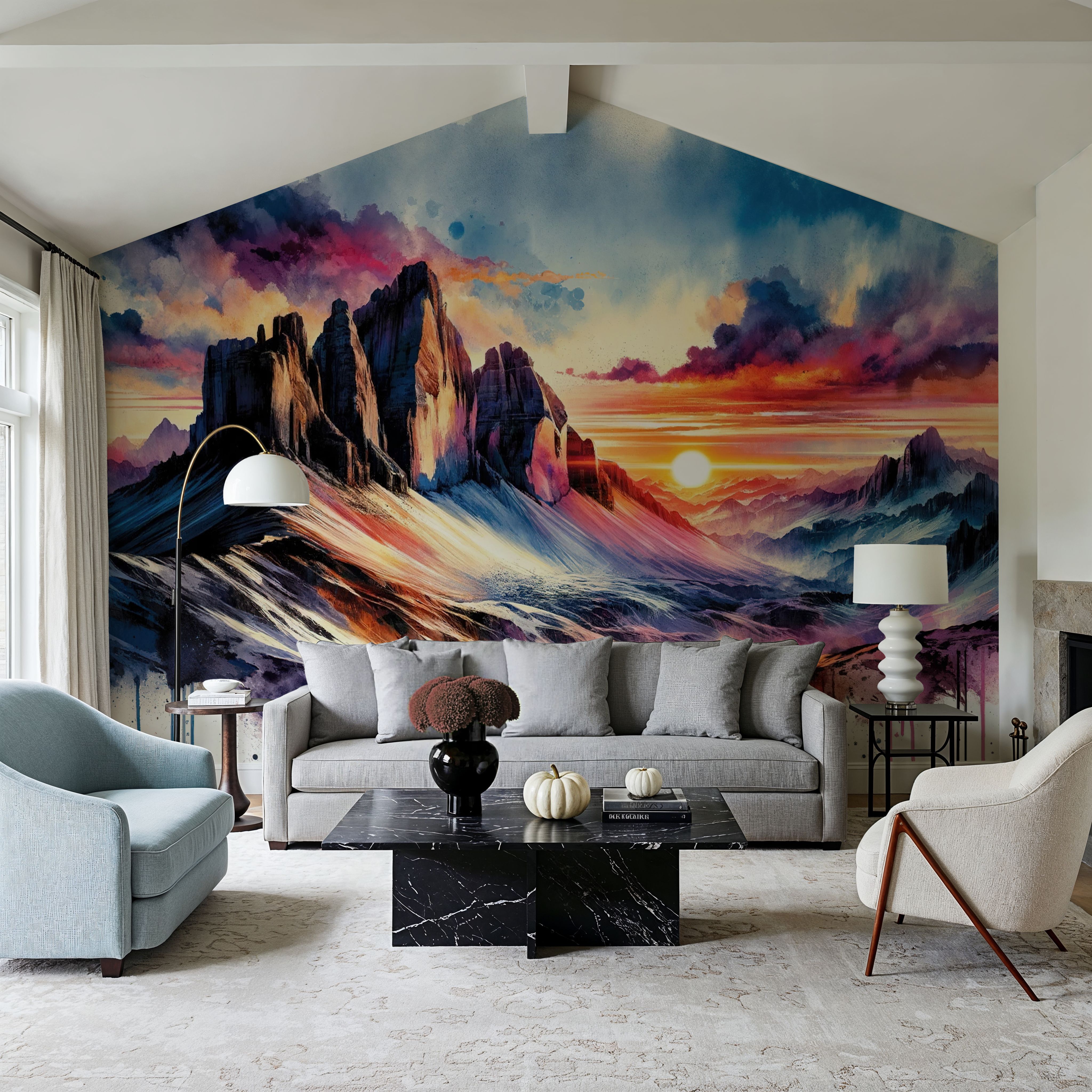 Watercolor Mountains Landscape At Sunset
