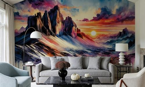 Watercolor Mountains Landscape At Sunset