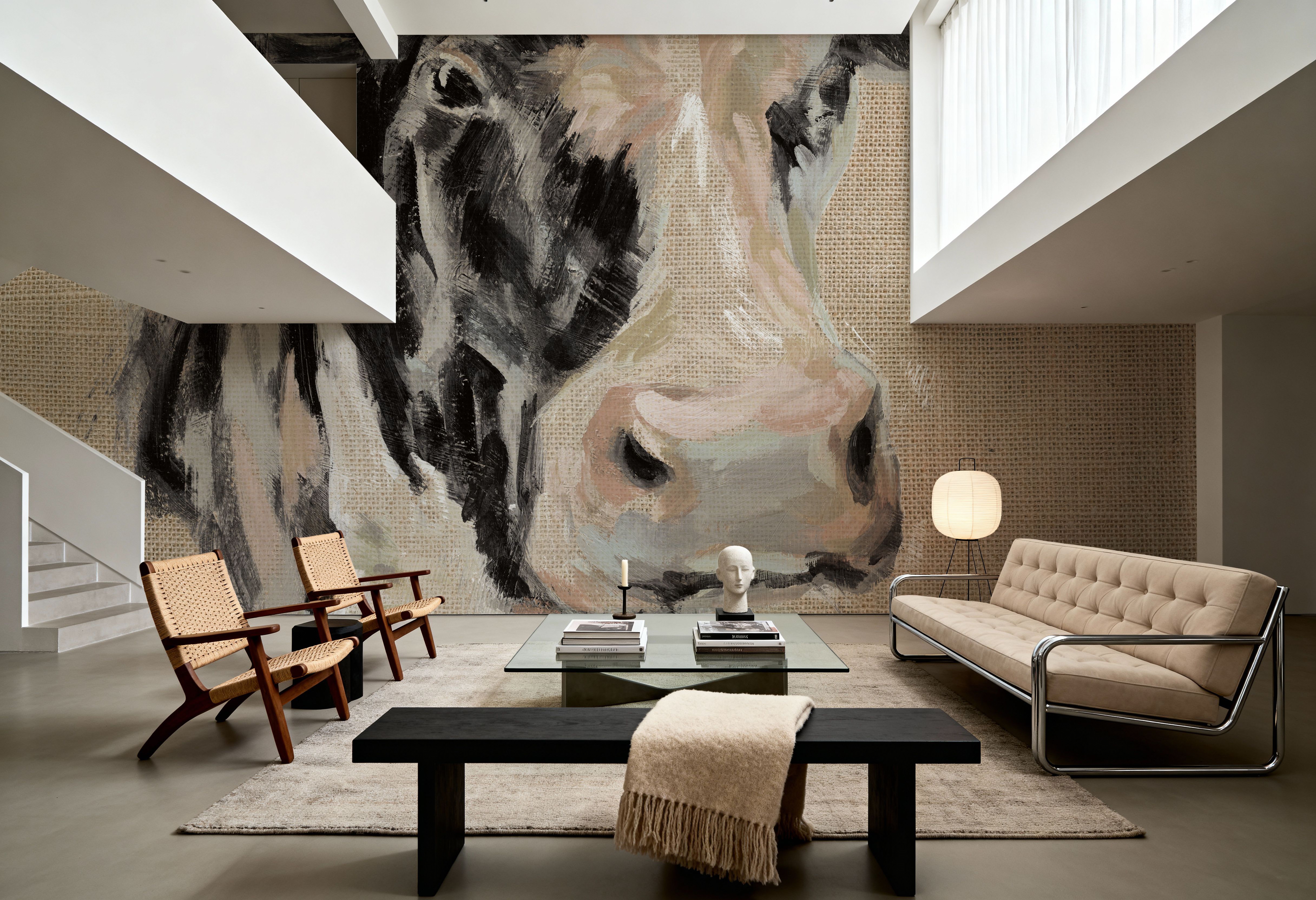 Expressionistic Cow I Neutral Burlap