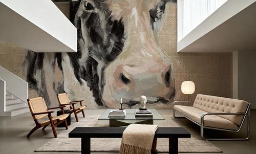Expressionistic Cow I Neutral Burlap