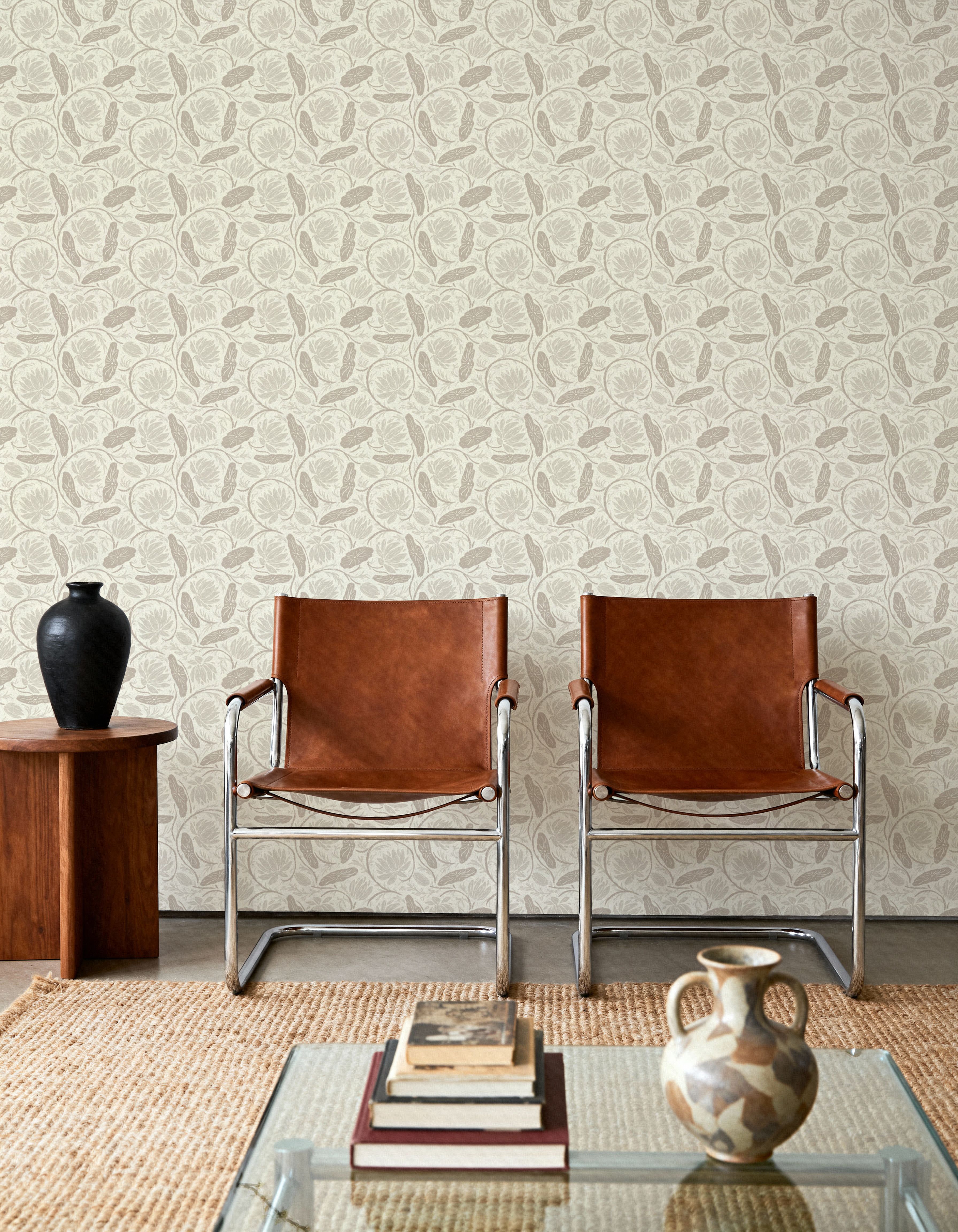 Block Print Lotus, Beige, Papel de parede