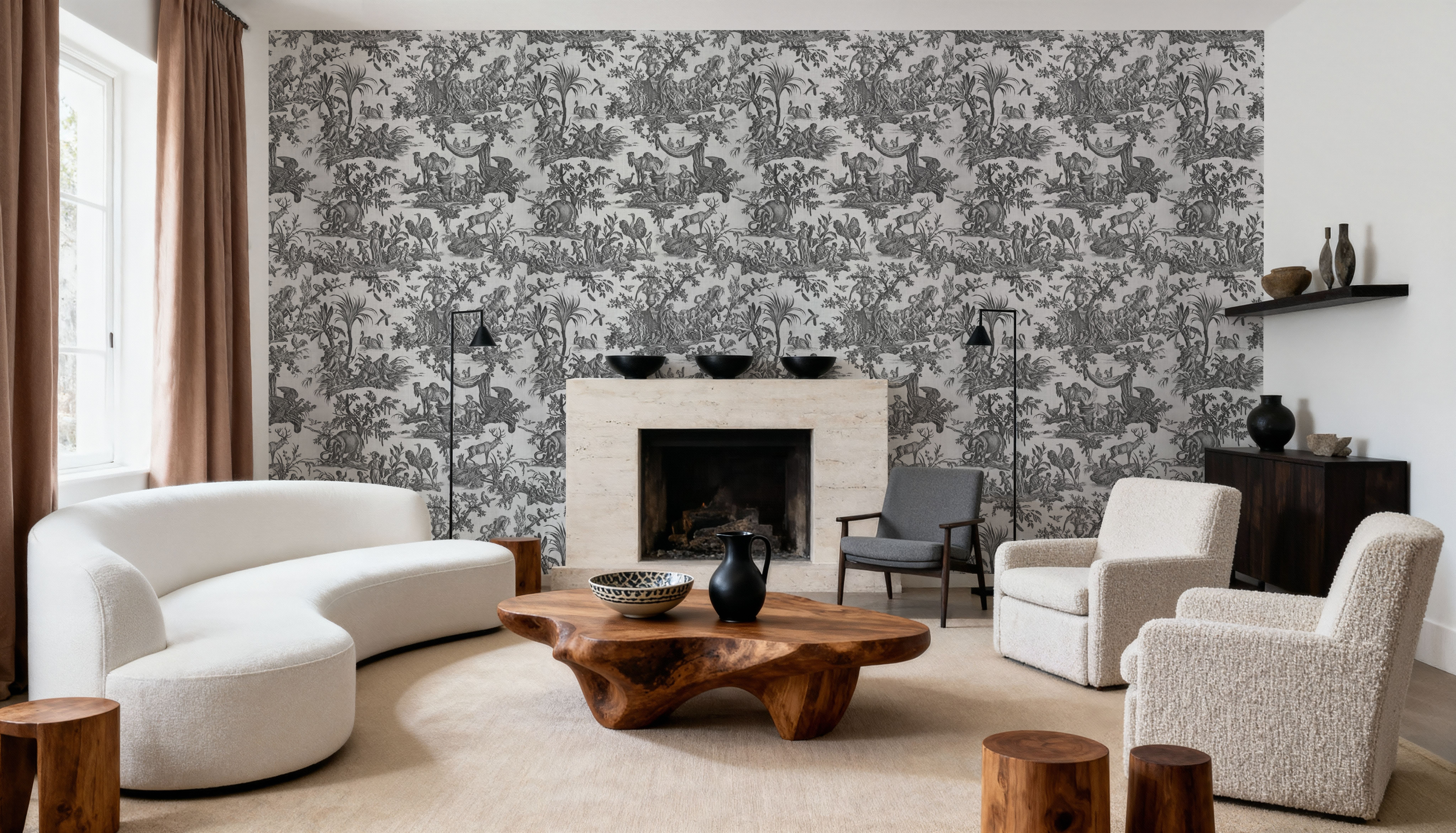 Patinated Linen Toile de Jouy, B&W