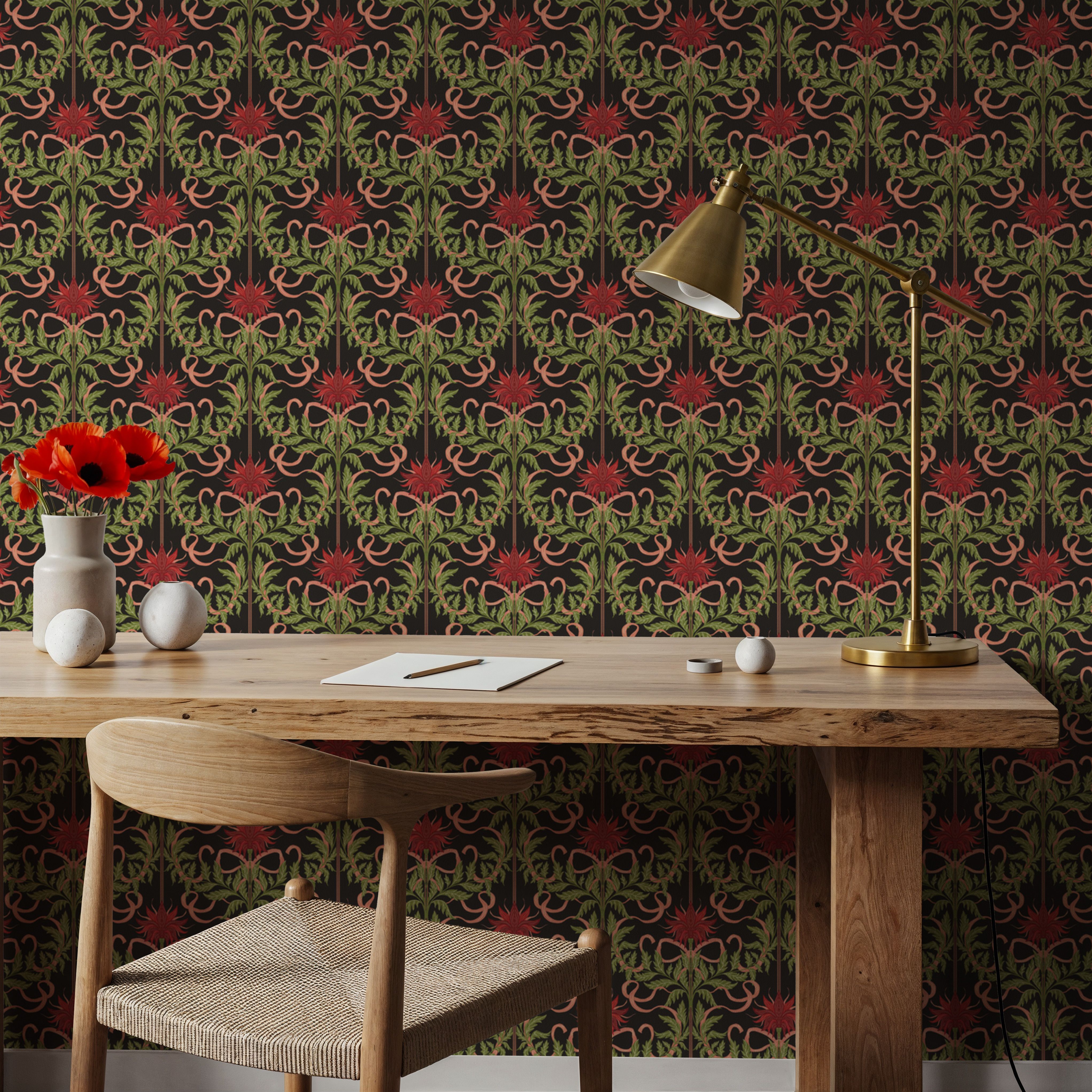Floral Damask & Bows, Vermilion, Papier peint