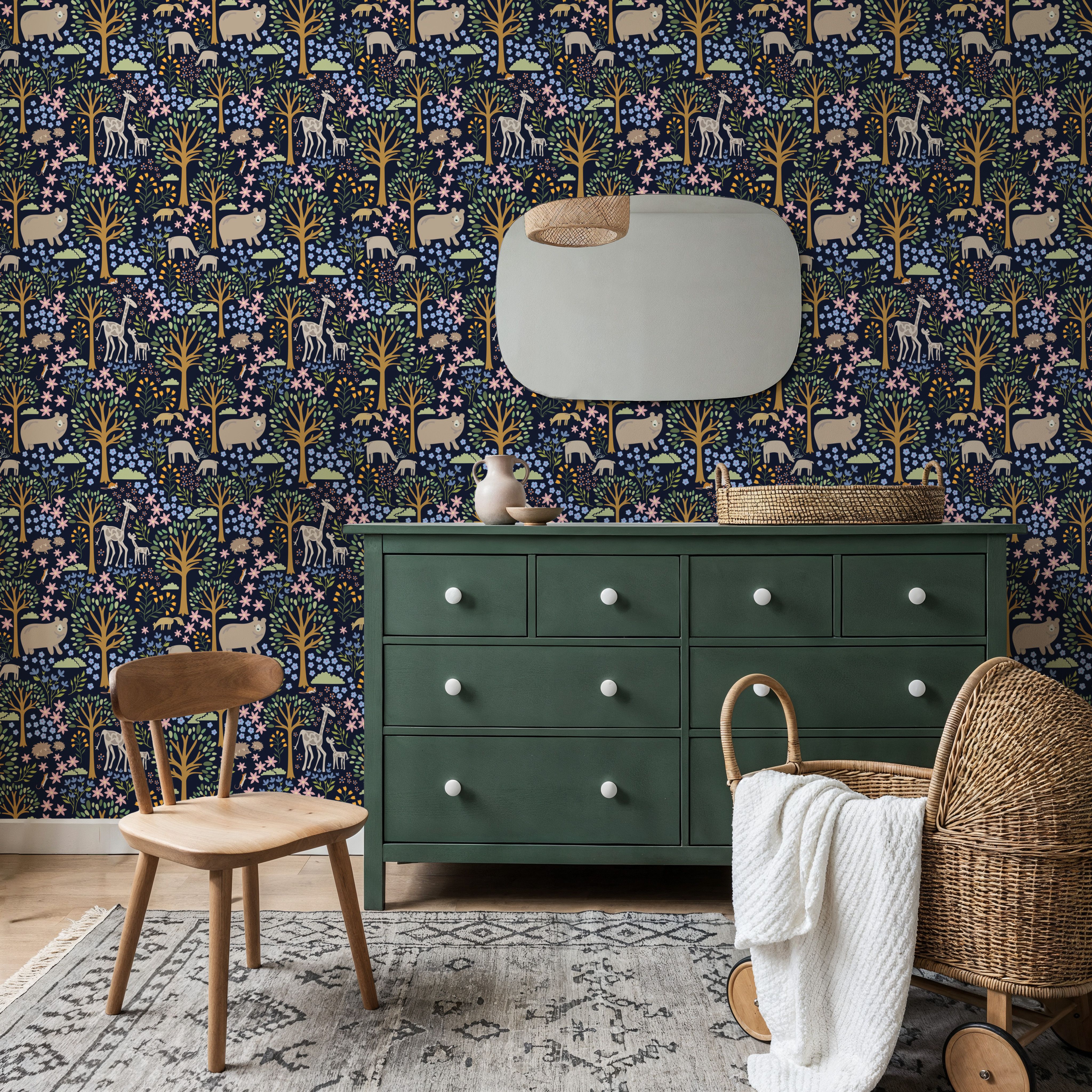 Forest Surprise, Navy, Wallpaper