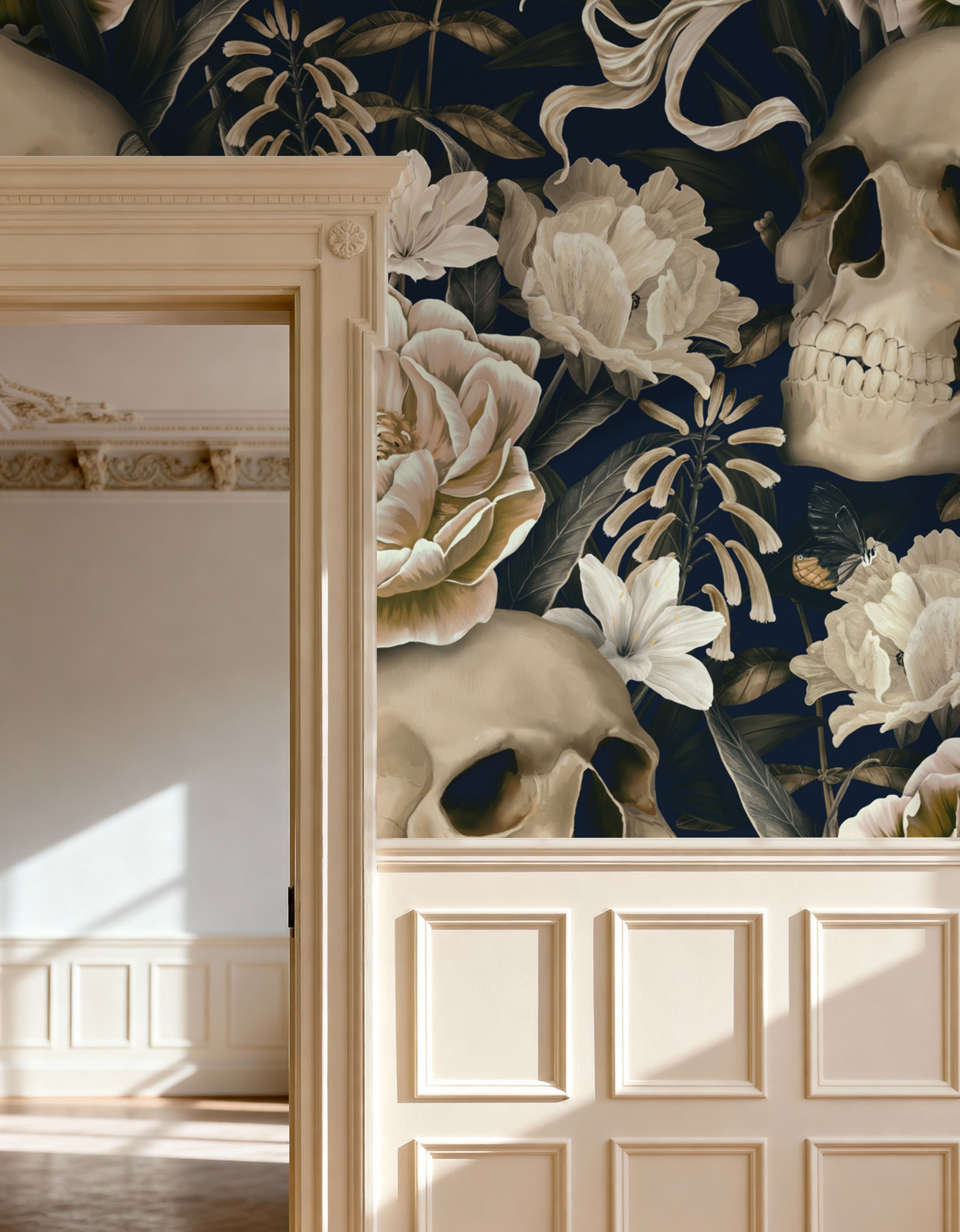 Peonies and Skulls Dark Blue