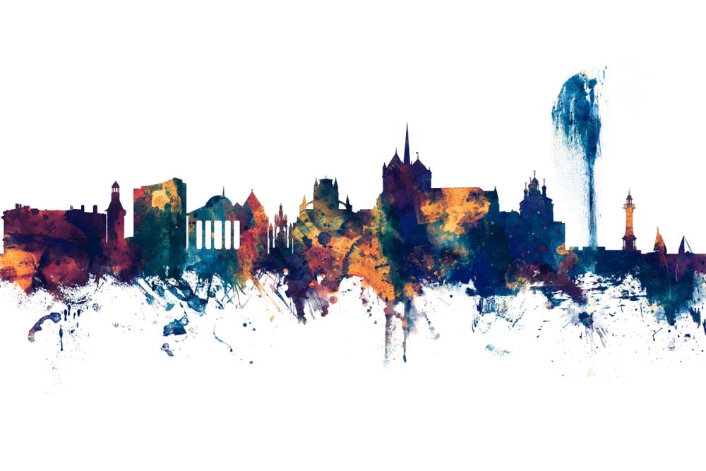 Geneva Switzerland Skyline Blue & Bronze