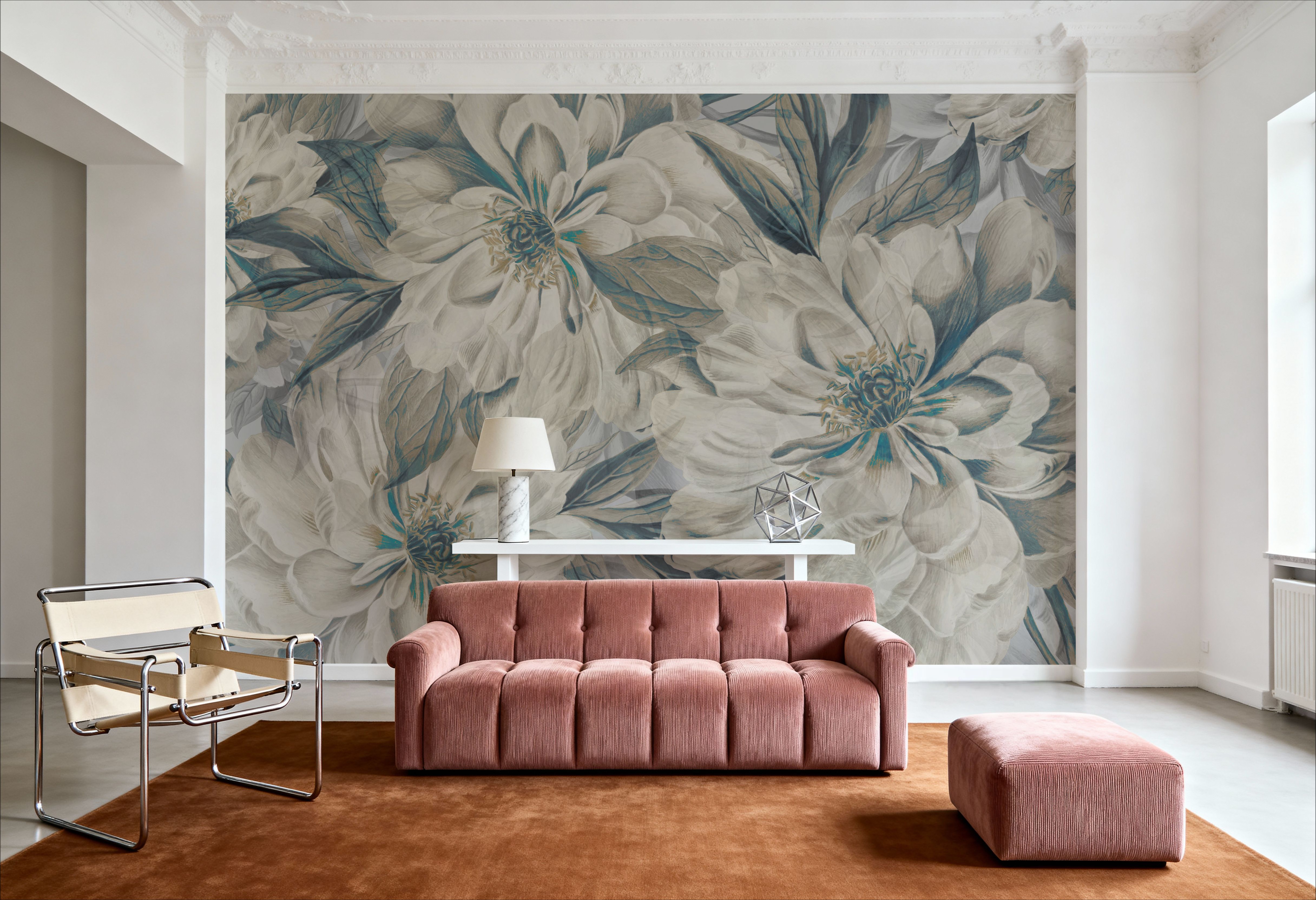 Peony Study - Cream and Teal