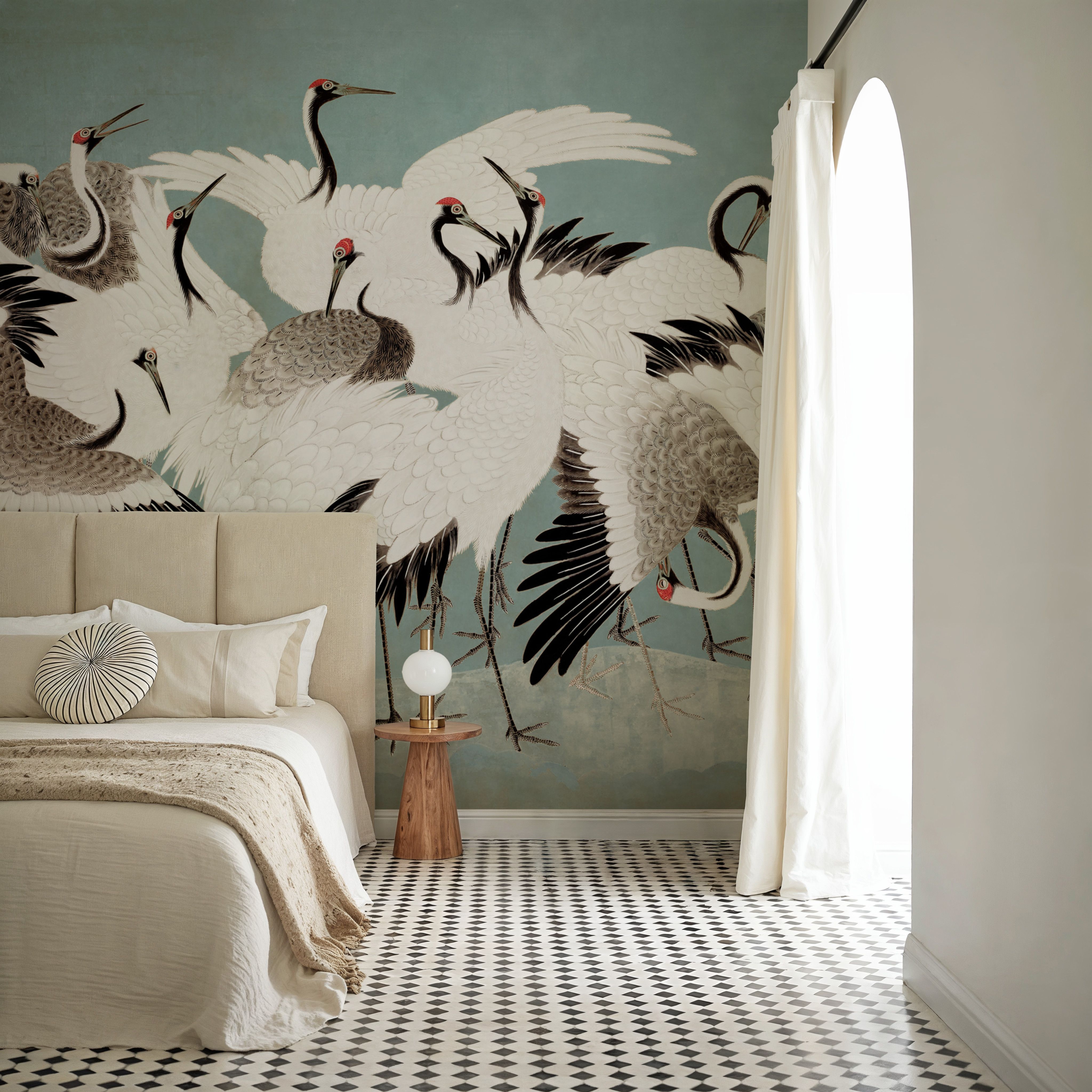 Japanese Flock of Cranes, Calm Ocean