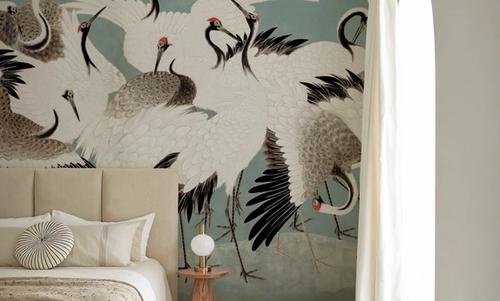 Japanese Flock of Cranes, Calm Ocean