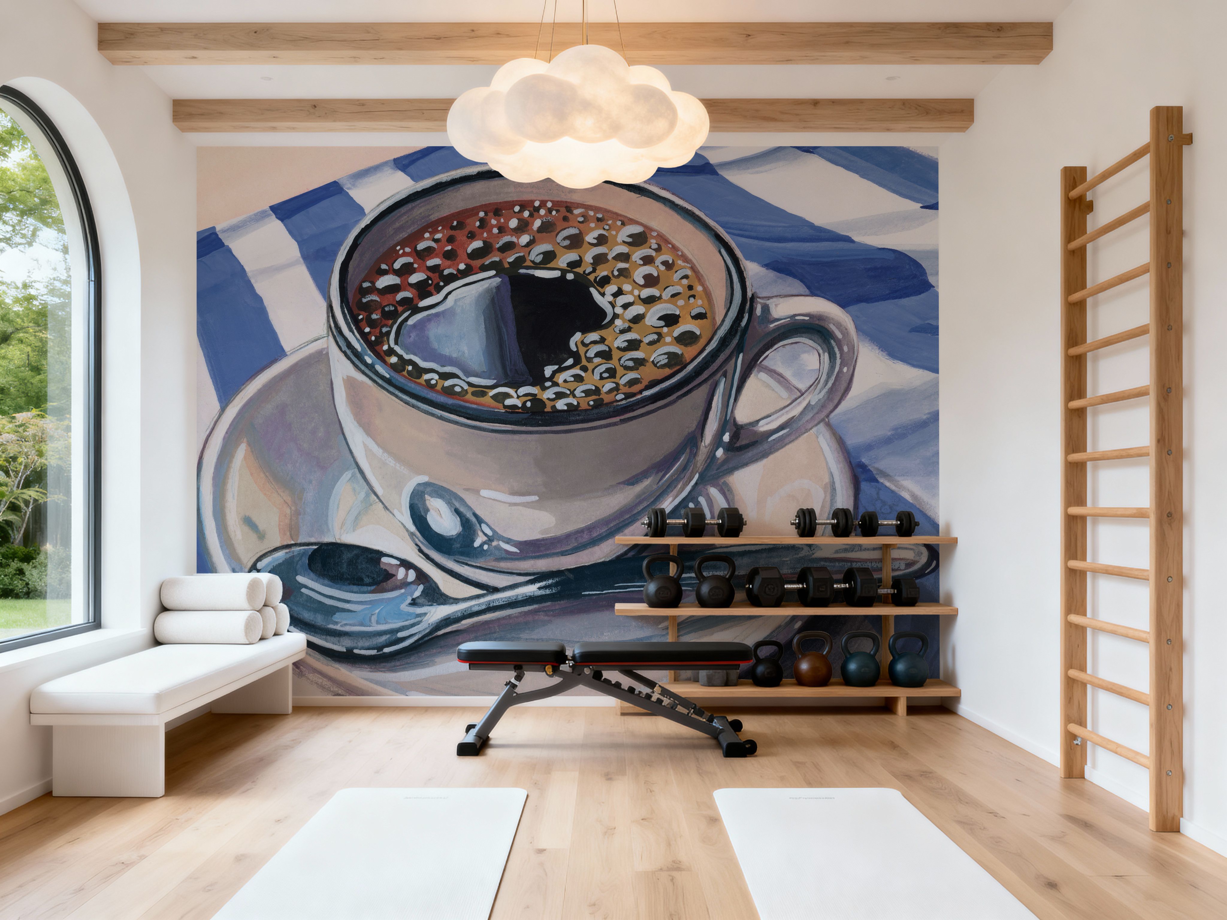 Black Coffee On Striped Cloth