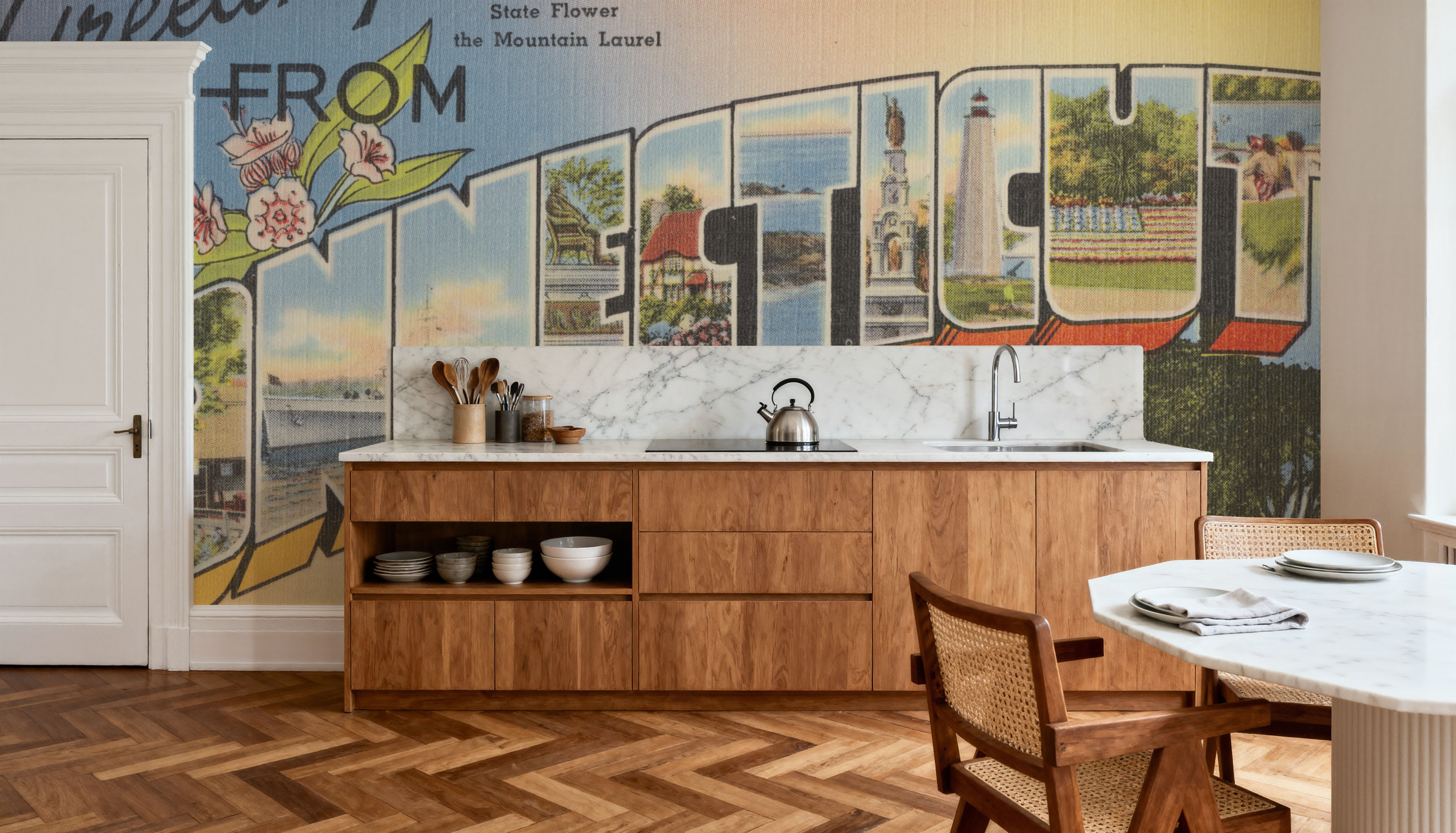 Greetings from Connecticut - Screenprint Postcard, Wallpaper