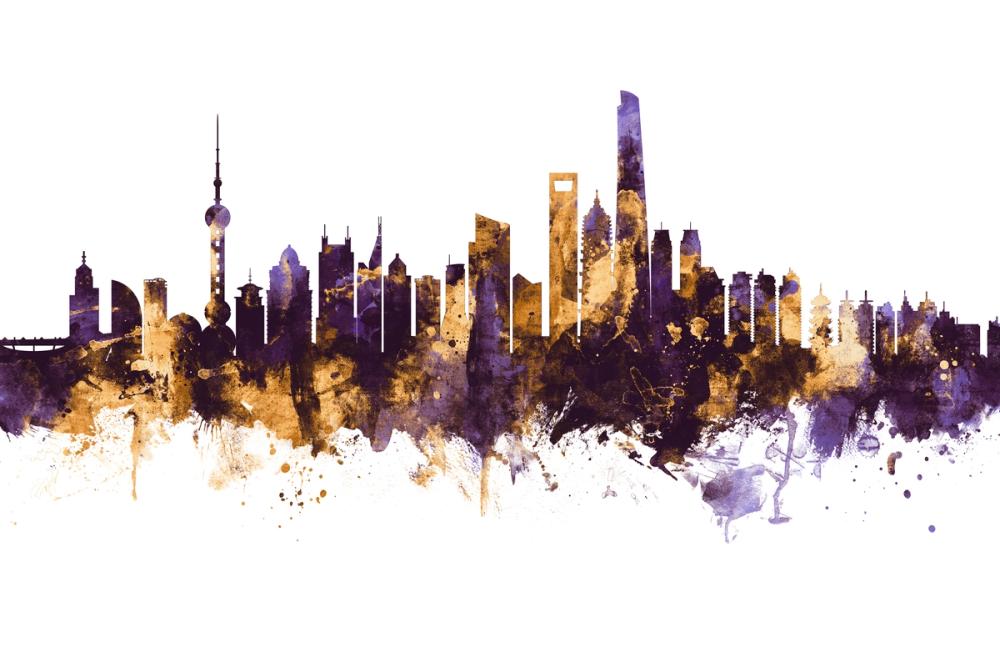 Shanghai China Skyline Purple & Gold