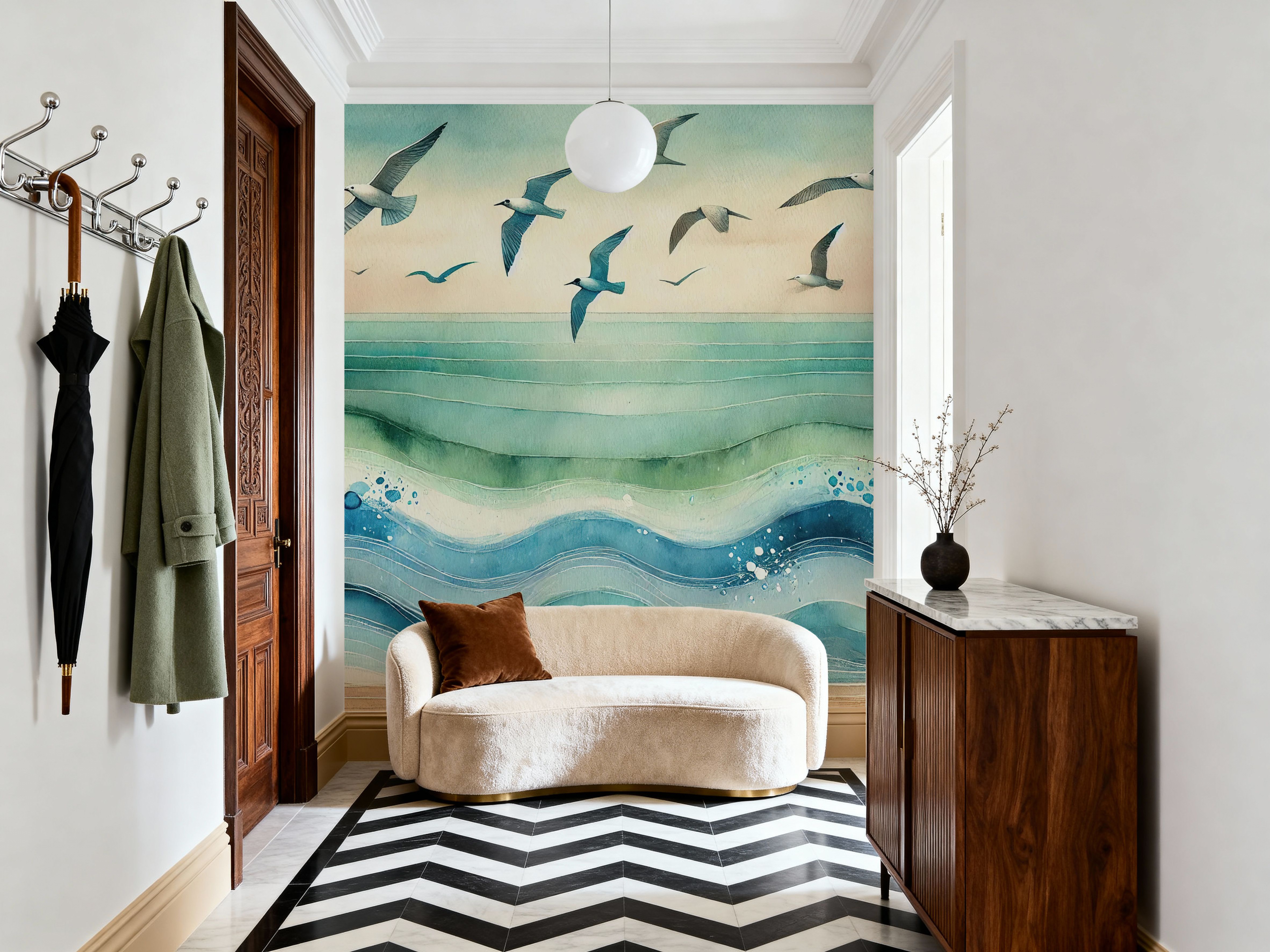 Seagulls Soar Above Waves in Art Deco