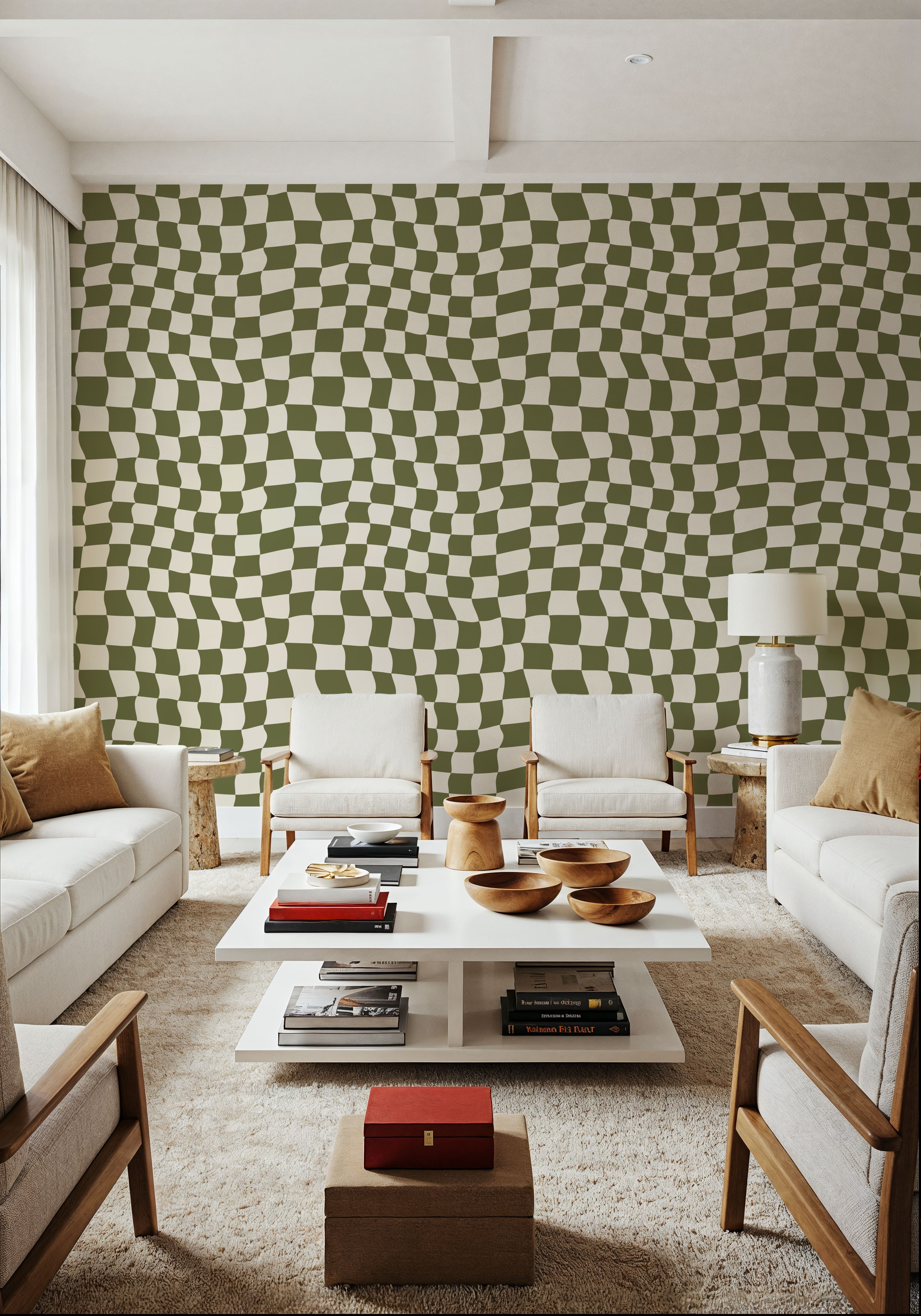 Warped Checkerboard, Olive, Wallpaper