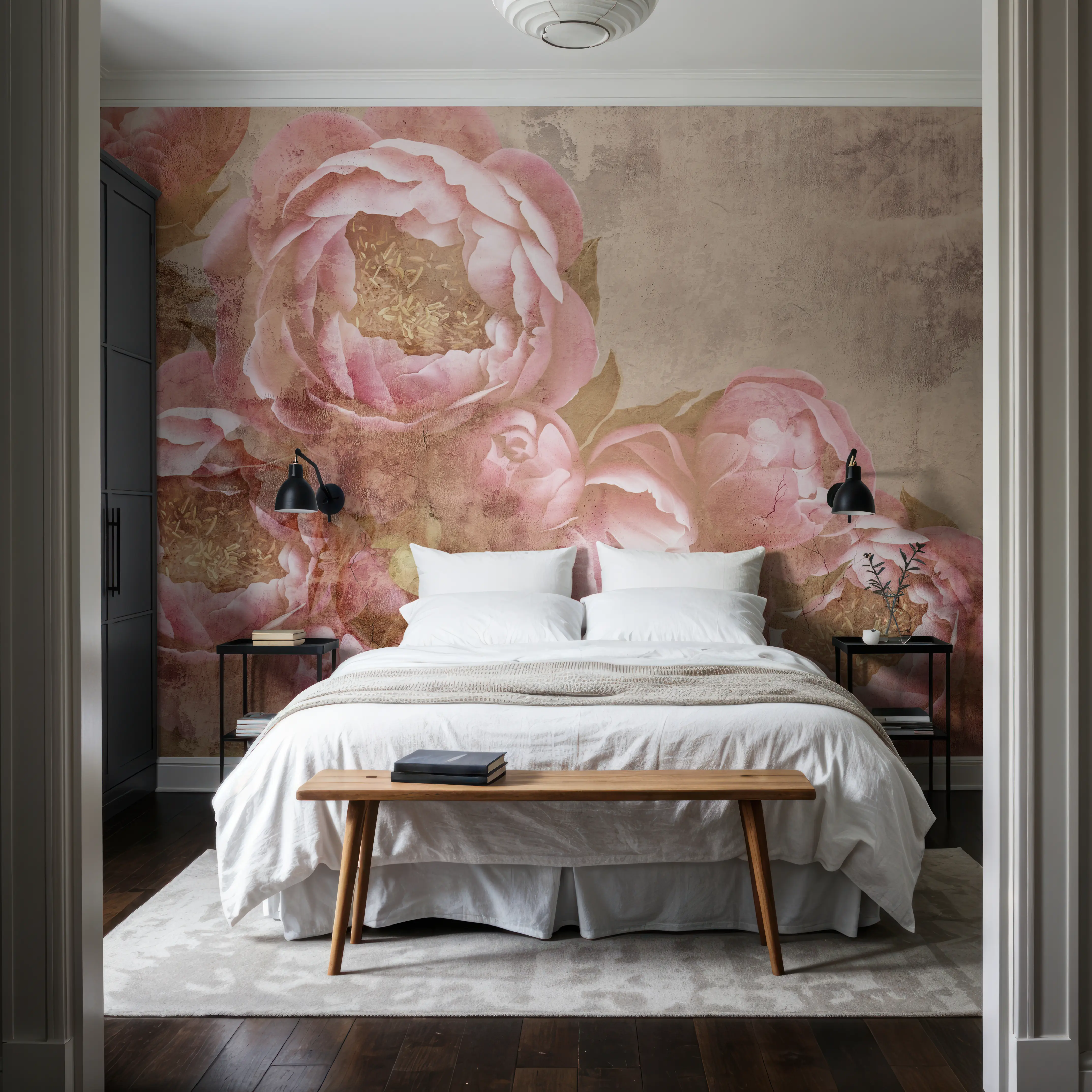 Papier Peint Panoramique - Peonies of Love - Chintz Nature - Rose - Couloir et escaliers - Wallism Belgique - Encollage au mur ou Autocollant