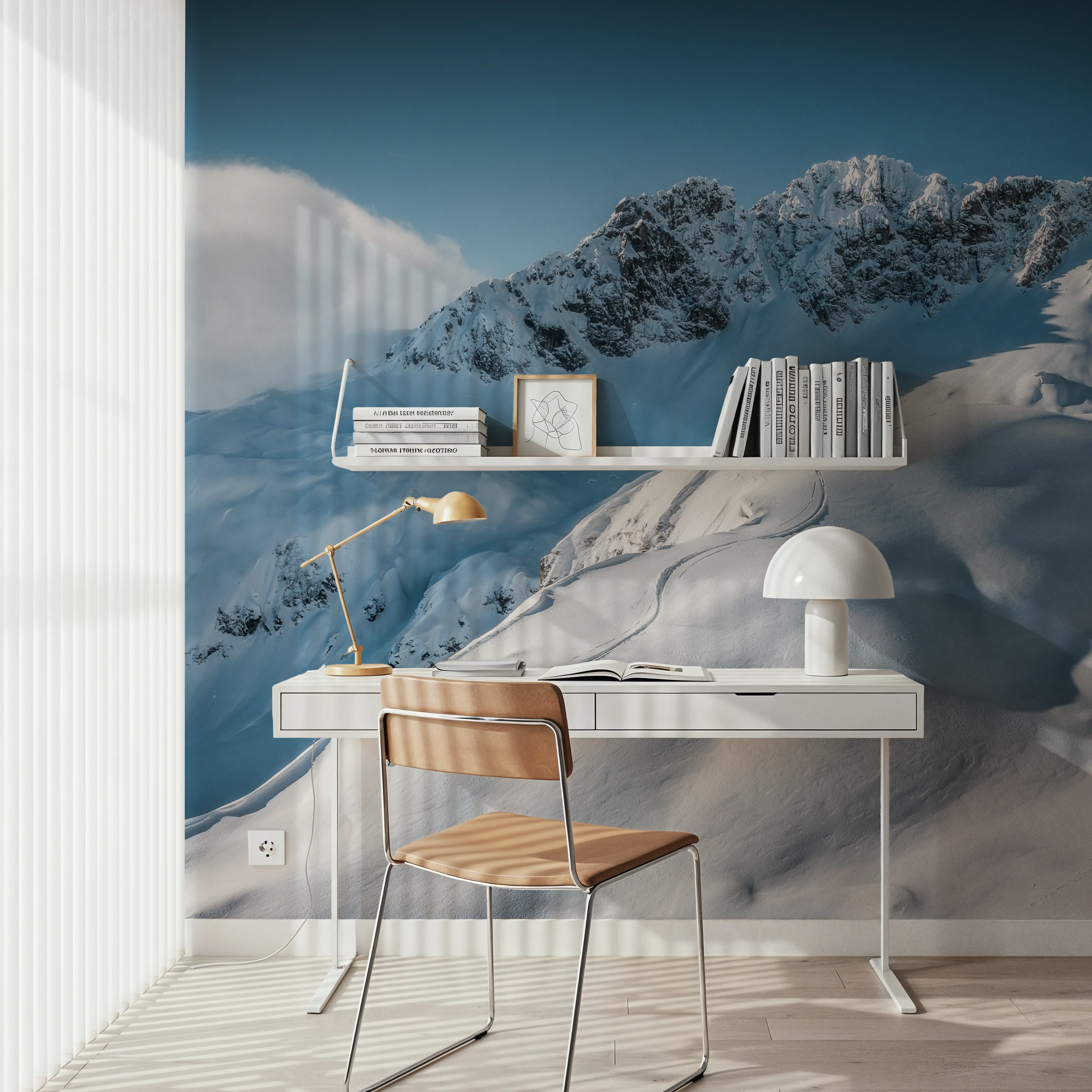 Wall Mural - Go Ski - Mountains Snow mural wallpaper - White - Offices - Wallism UK - Peel & Stick or Paste-the-Wall
