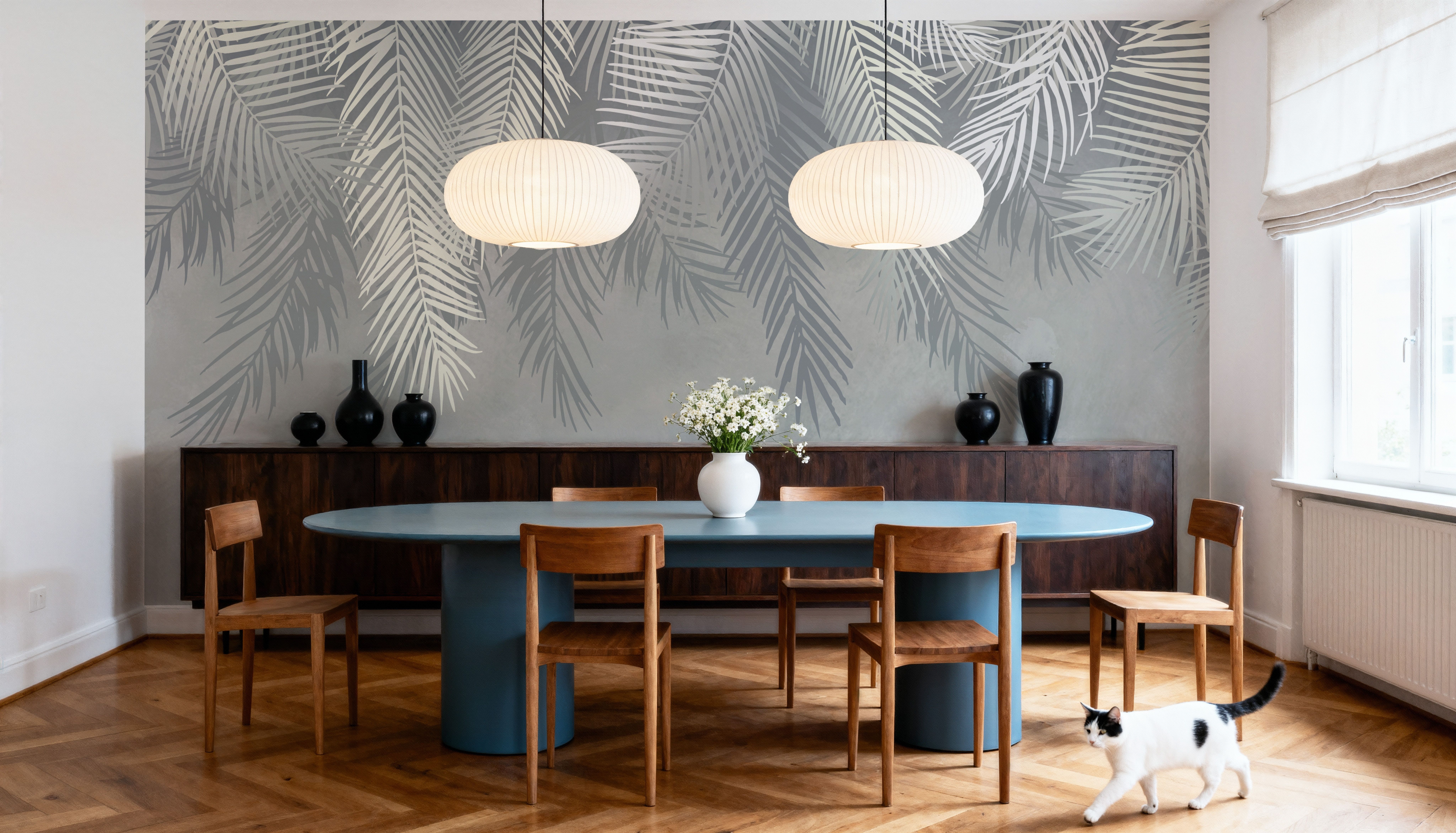 Palms Above, Gray, Wallpaper