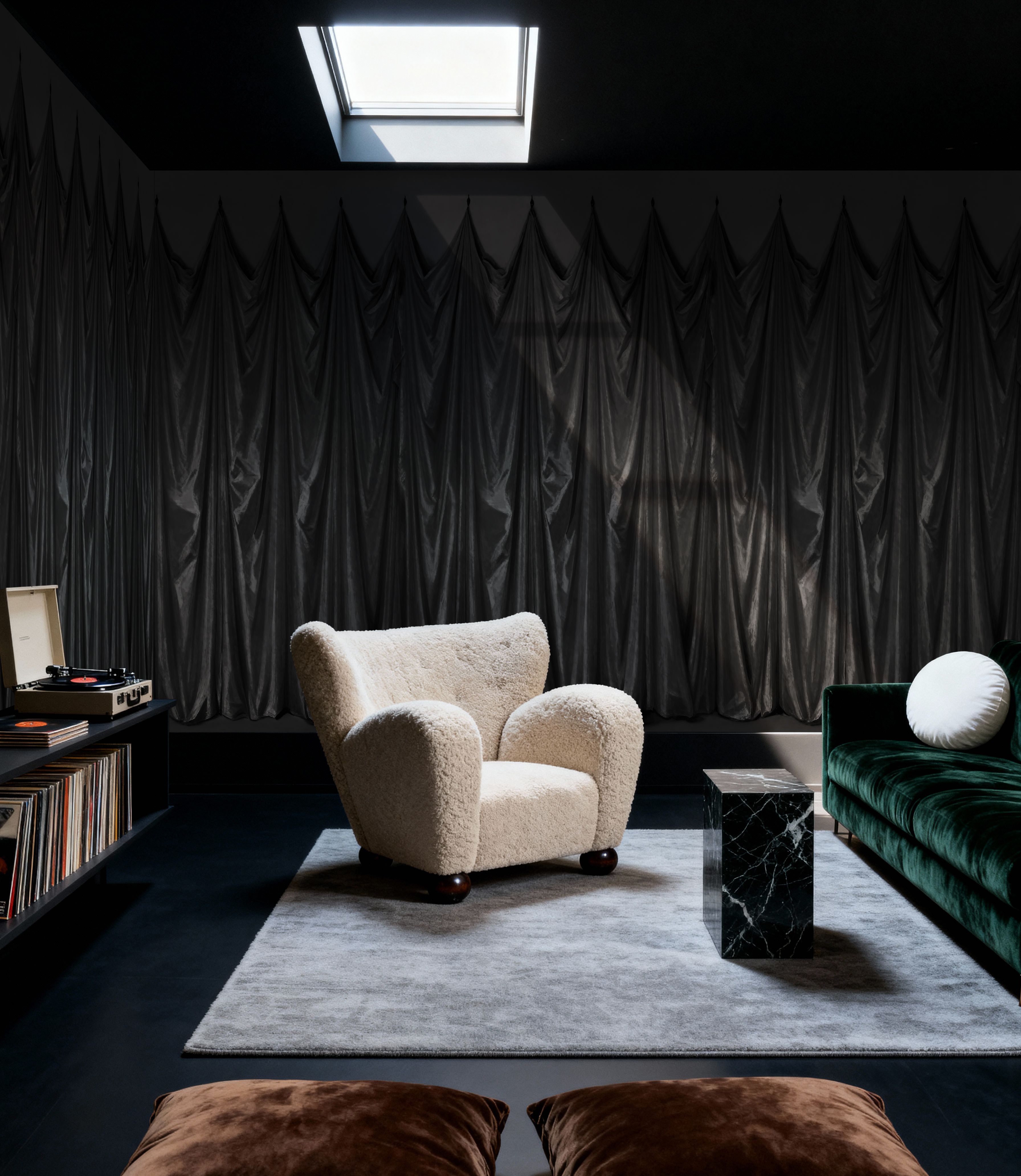 Graphite drapery folds for a dramatic living room