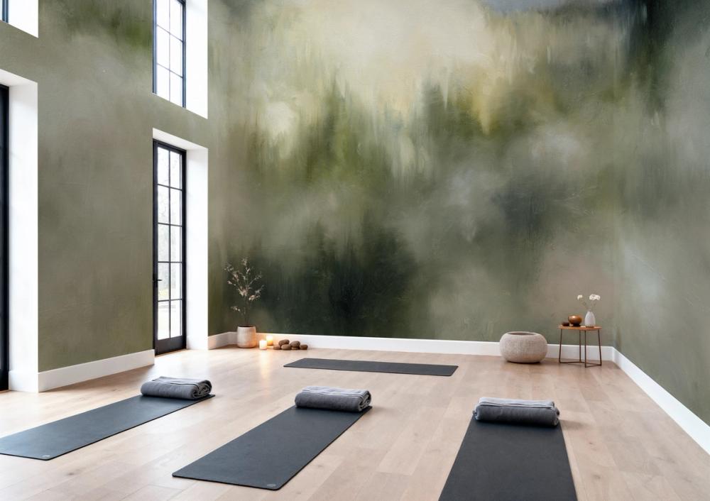 a spacious meditation room with an abstract water color painting of a forest horizon in muted greens on the walls