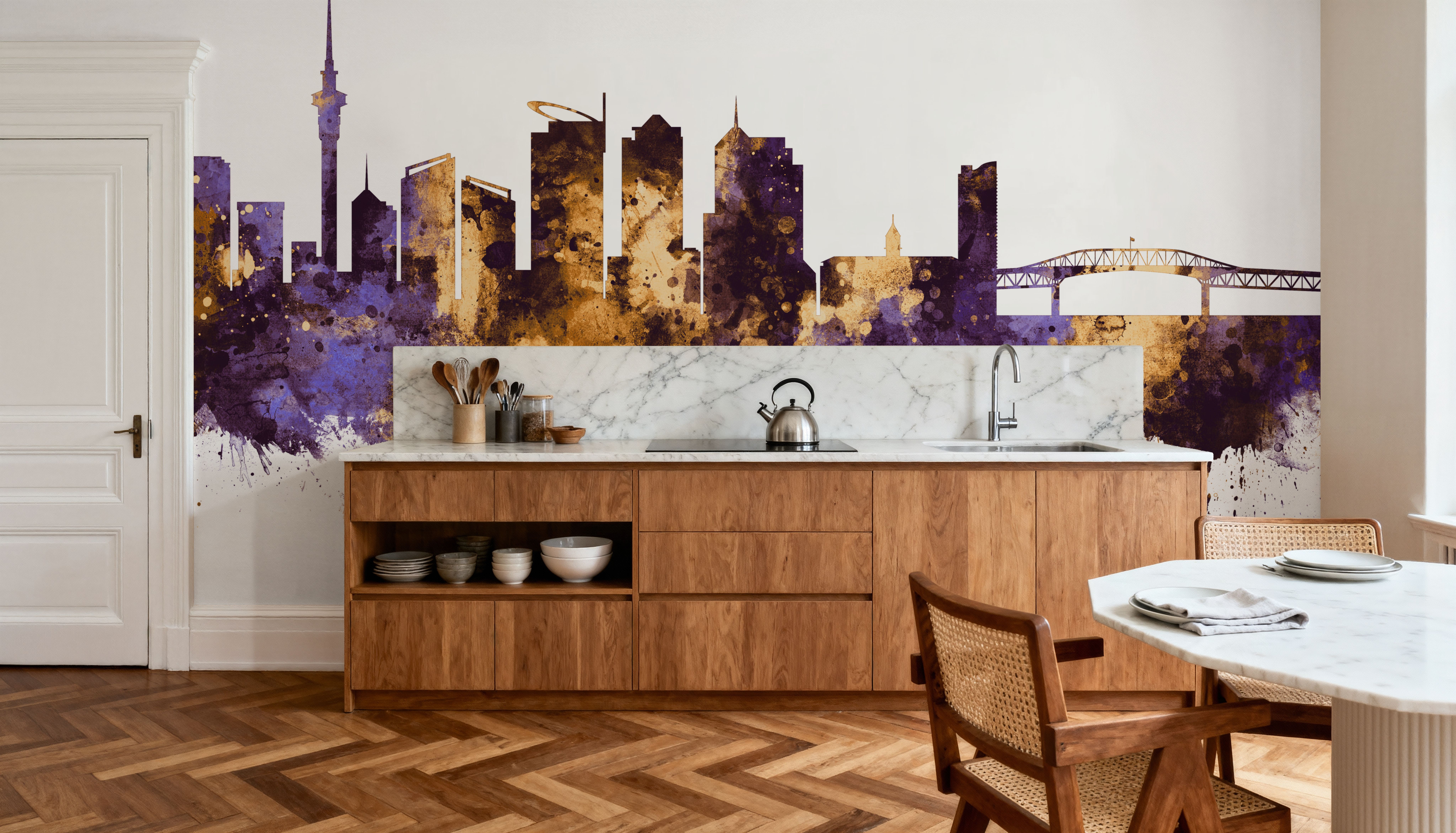 Auckland New Zeeland Skyline Purple & Gold, Wallpaper