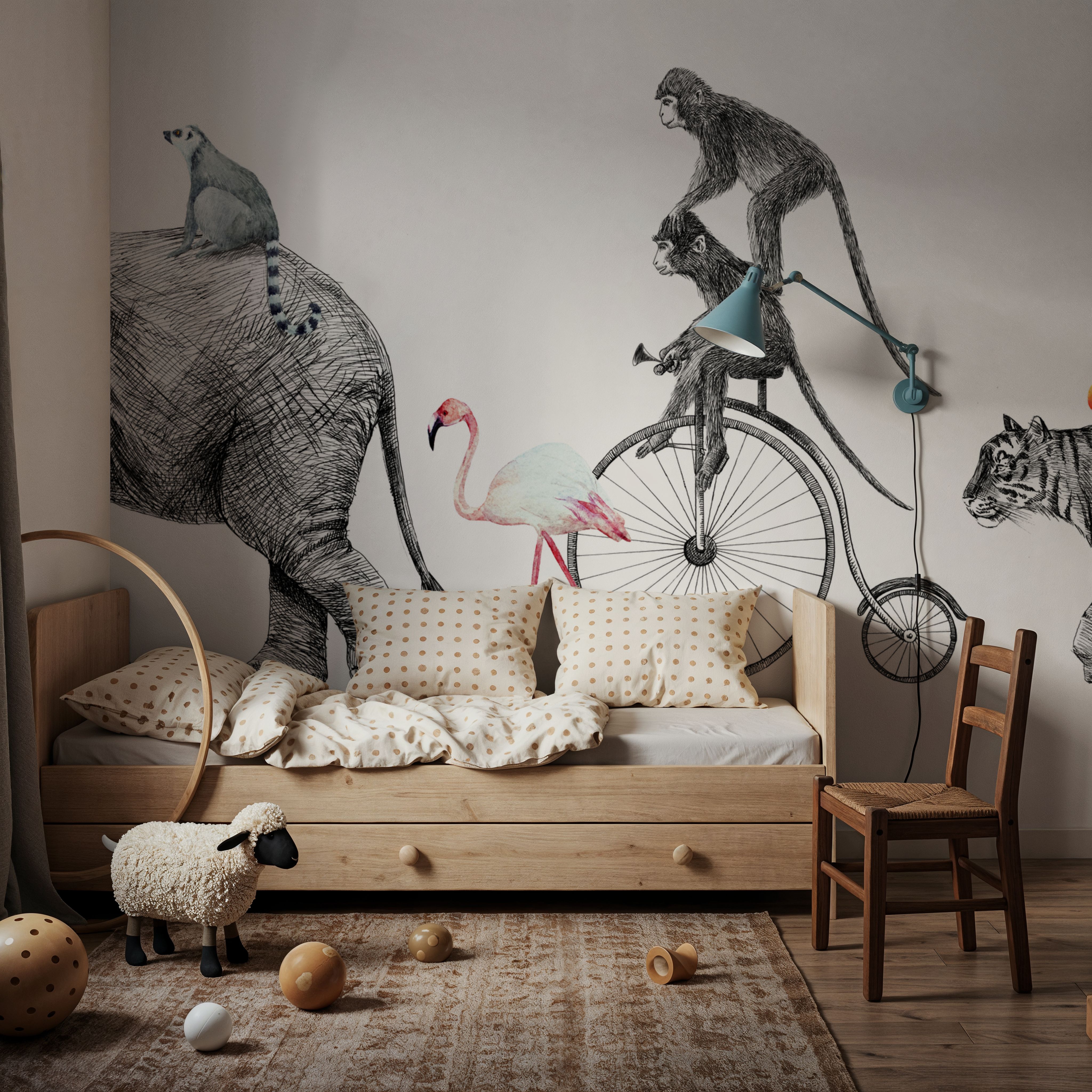 Fun Illustration of Elephant, Tiger & Monkeys on a Walk