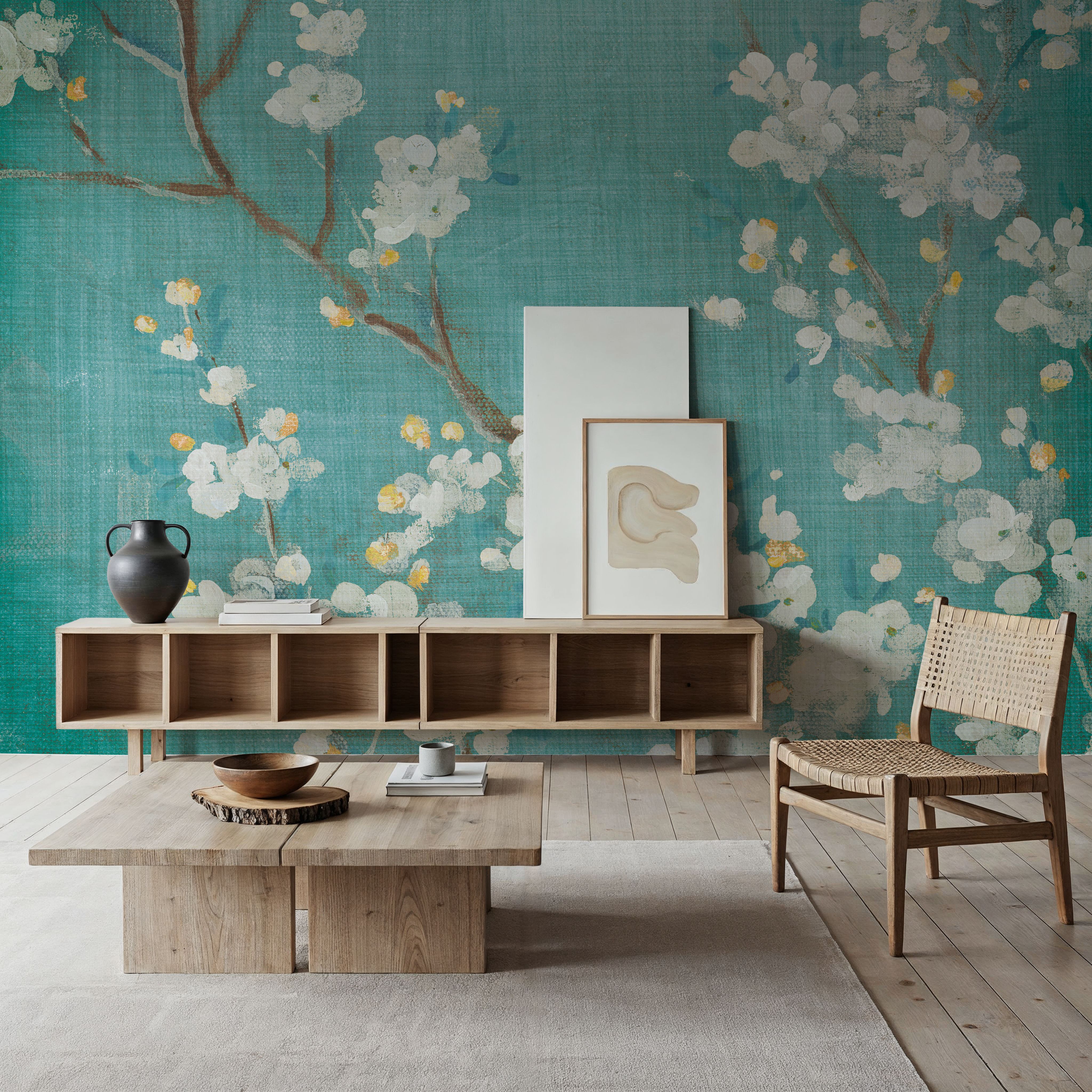 White Cherry Blossoms II on Blue Aged No Bird