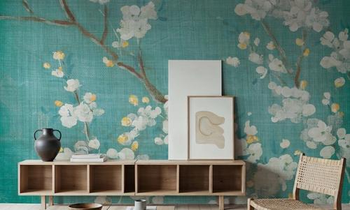 White Cherry Blossoms II on Blue Aged No Bird