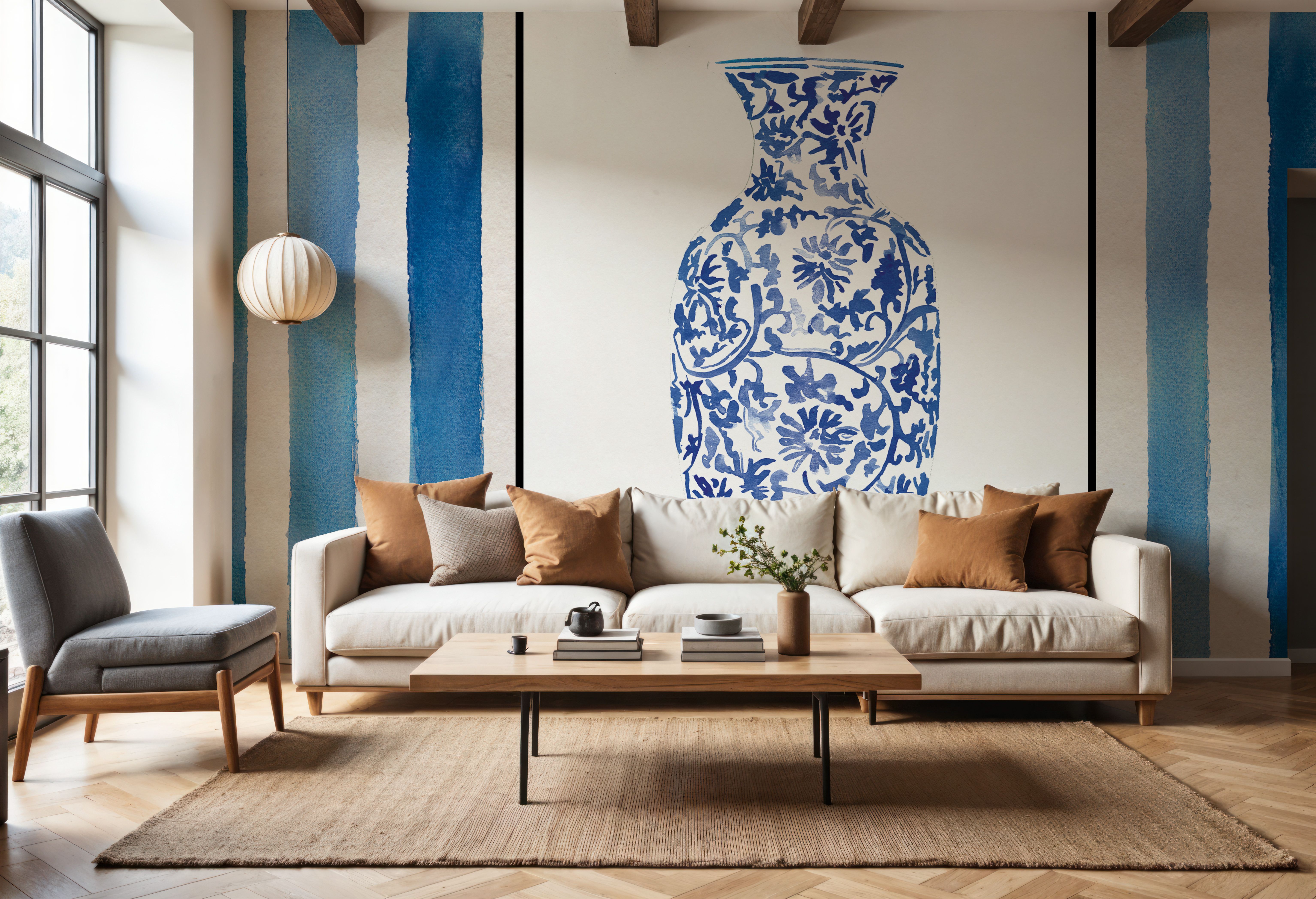 Chinoiserie Vase II Stripes, Wallpaper