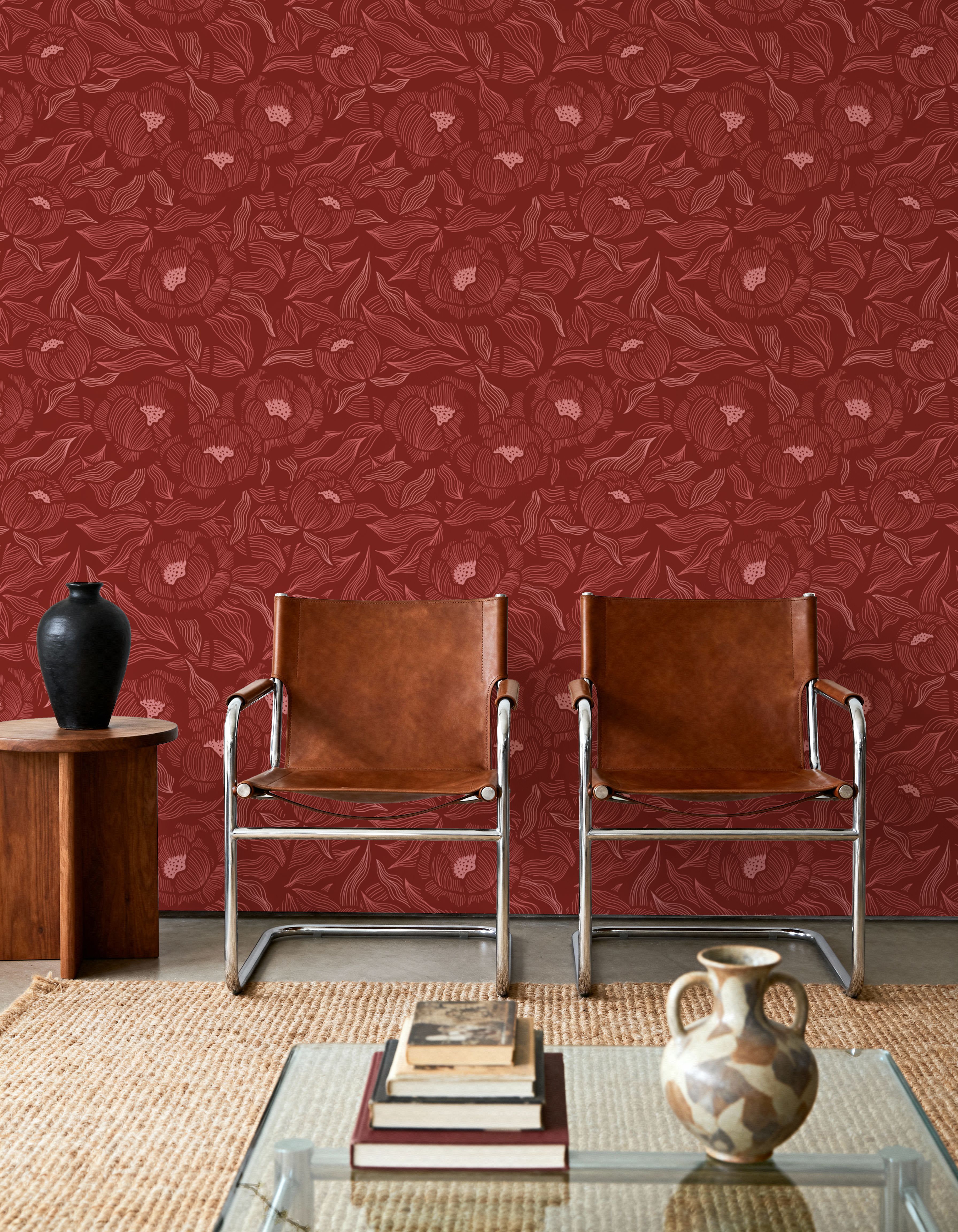 Hidden Peonies, Pink on Brick, Wallpaper