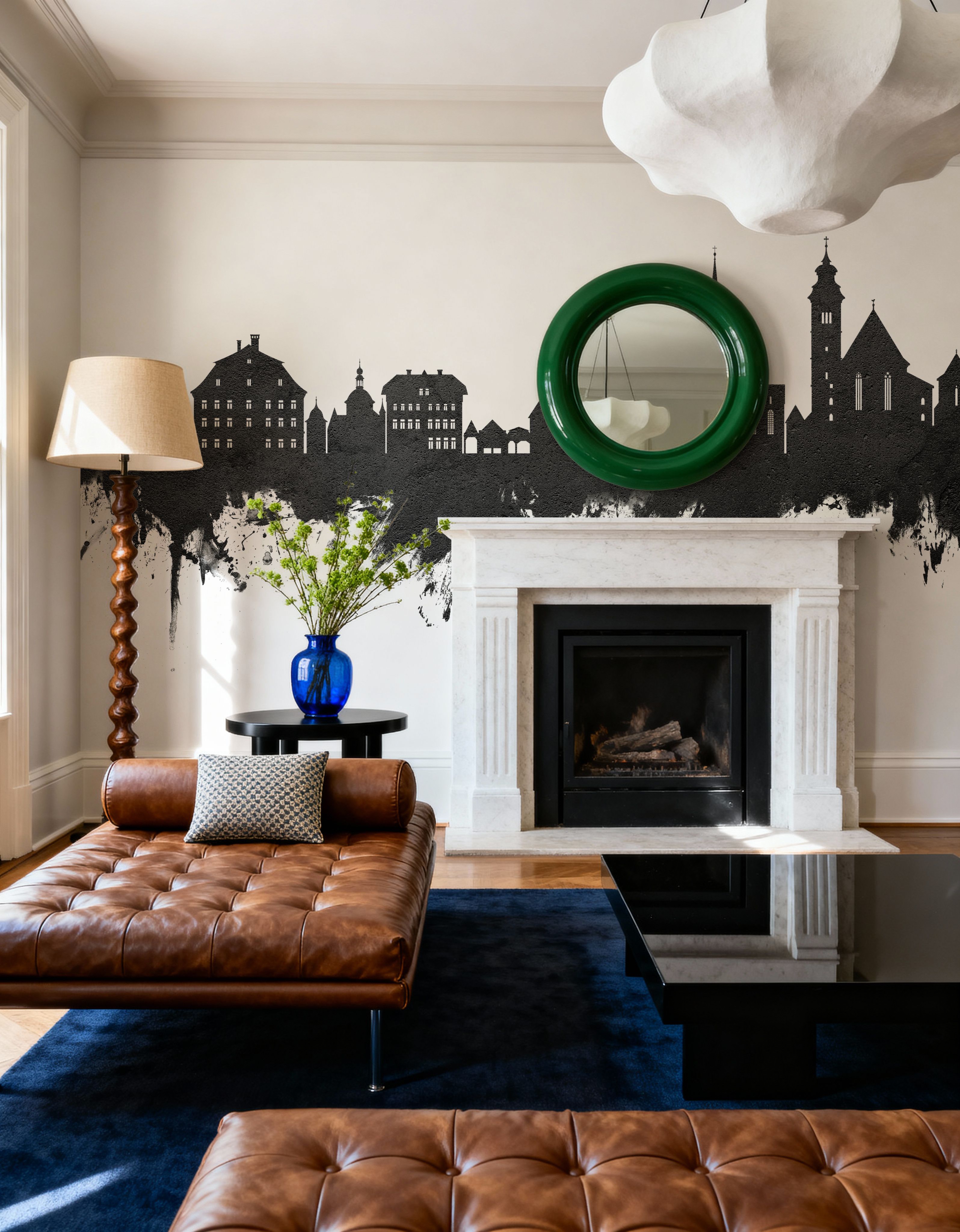 Wall Mural - Hallstatt Austria Skyline Black & White - Architecture Graphics mural wallpaper - Gray - Dining Room - Wallism US