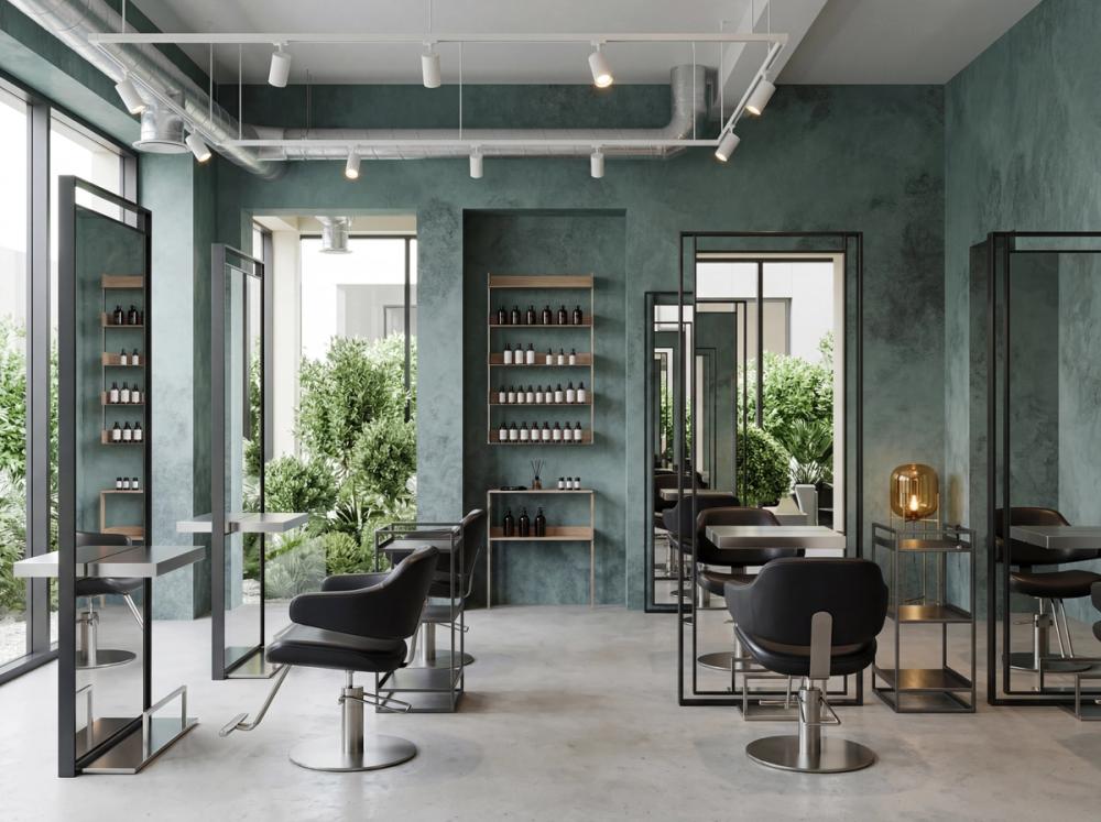 an interior photo of a har saloon with soft texture teal blue wallpaper on the walls