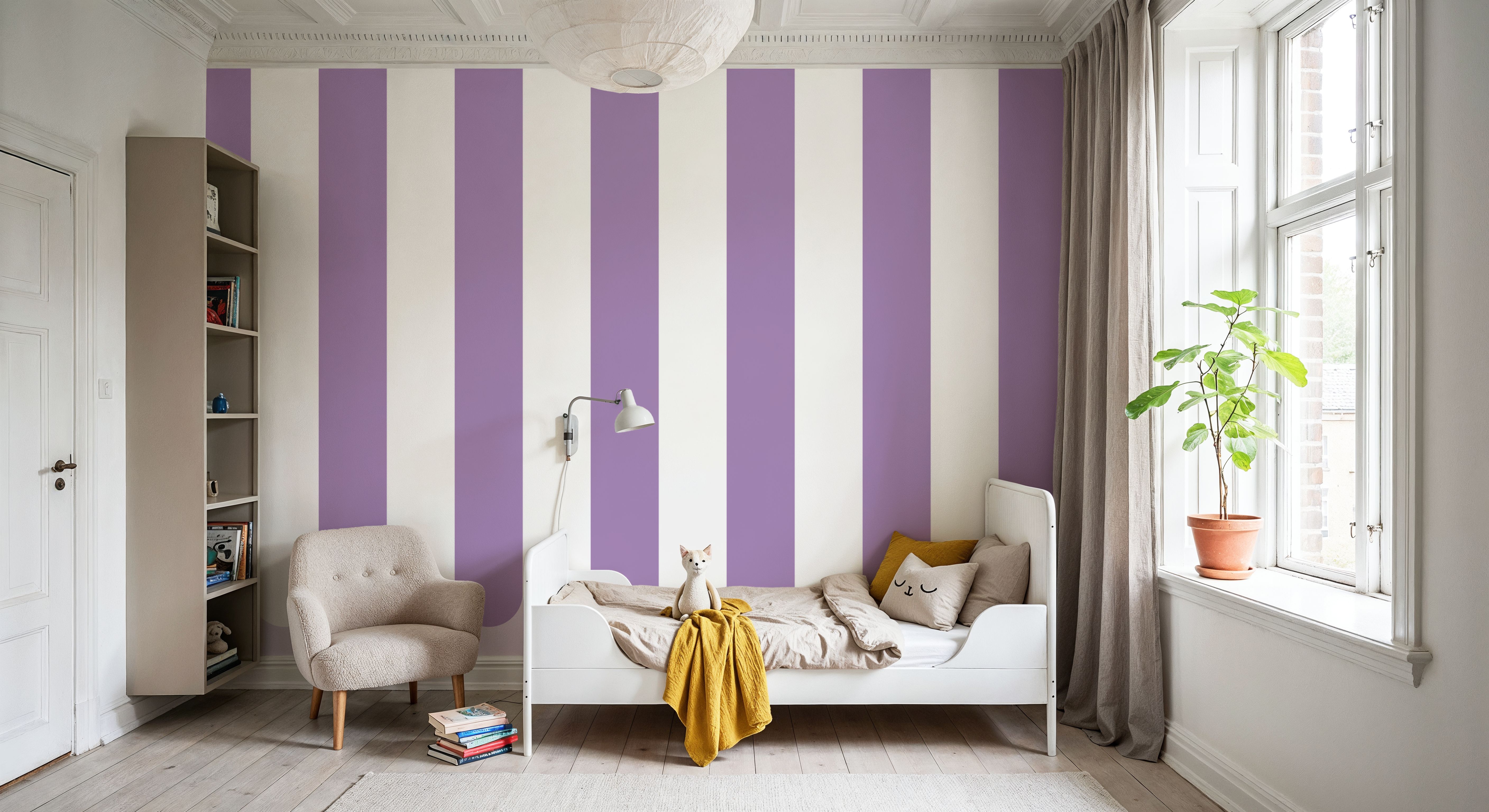 Scalloped Circus Stripes, Purple, Wallpaper