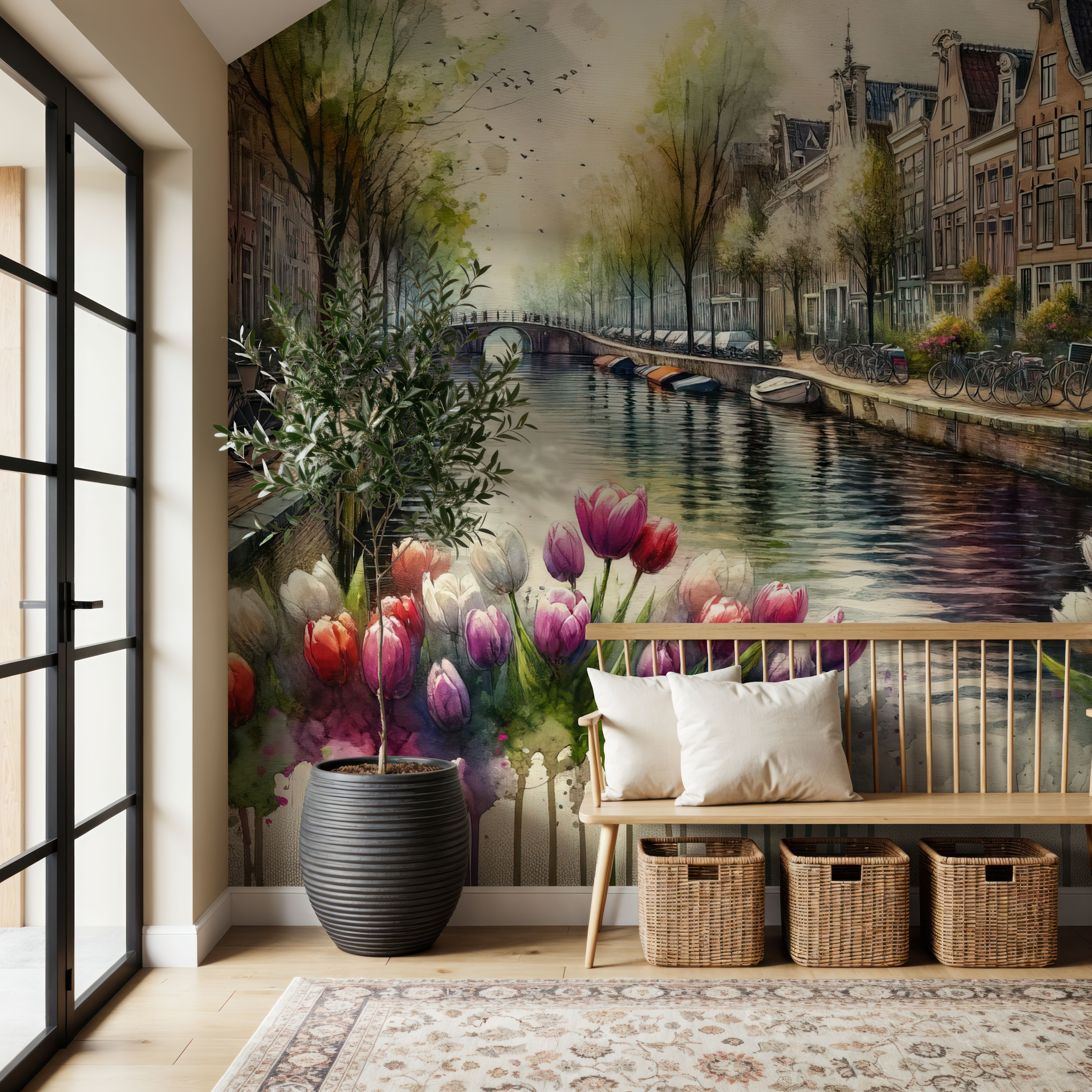 Watercolor Canal Scene Dutch Houses