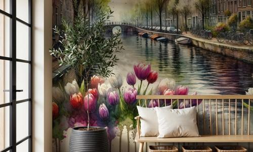 Watercolor Canal Scene Dutch Houses