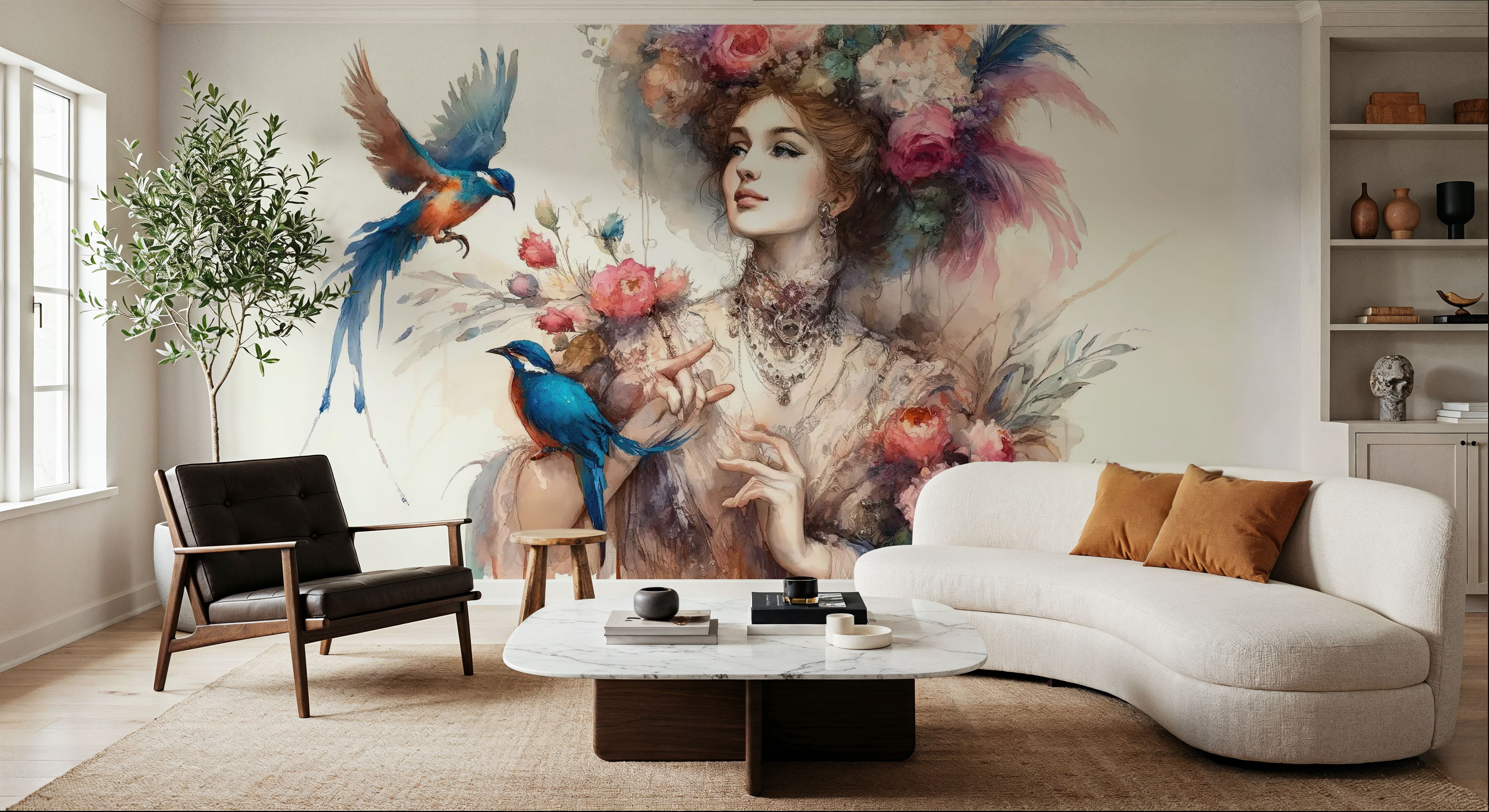 Enchanting Lady Amidst Blooms and Birds