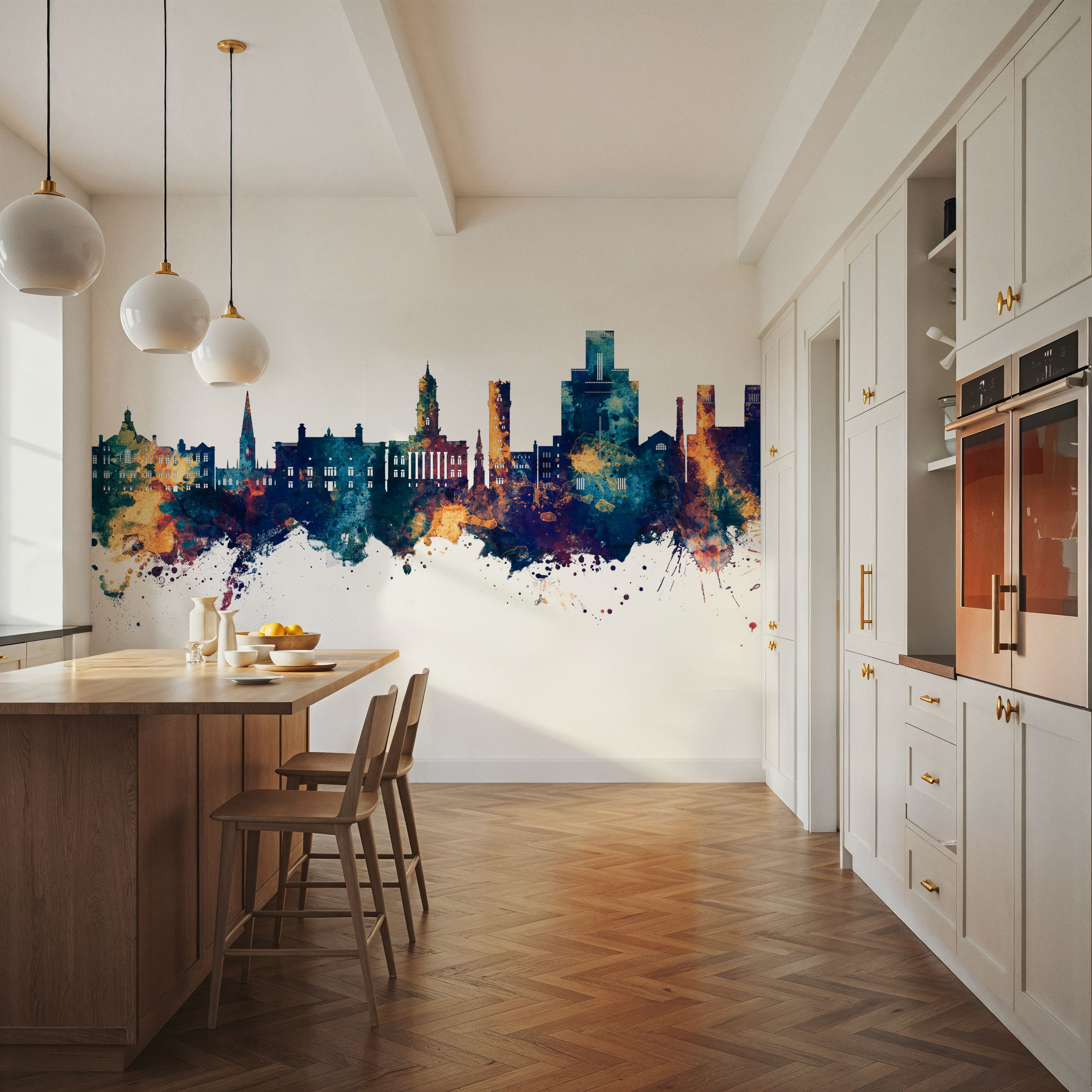 Wall Mural - Birkehead England Skyline Blu & Bronze - Bedroom - Wallism US - Premium, Textured or Peel & Stick