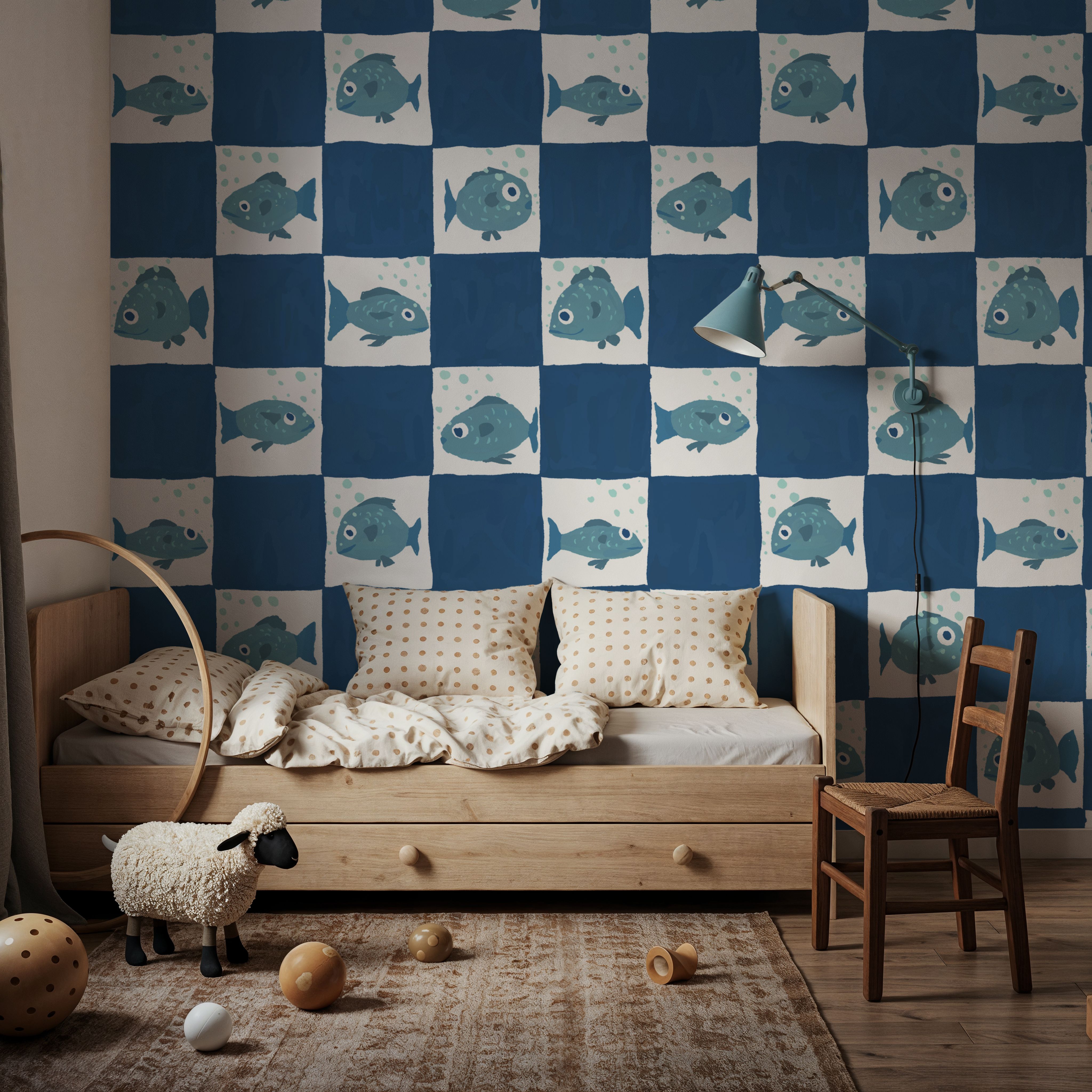 Fish Checkers, Blue, Behang