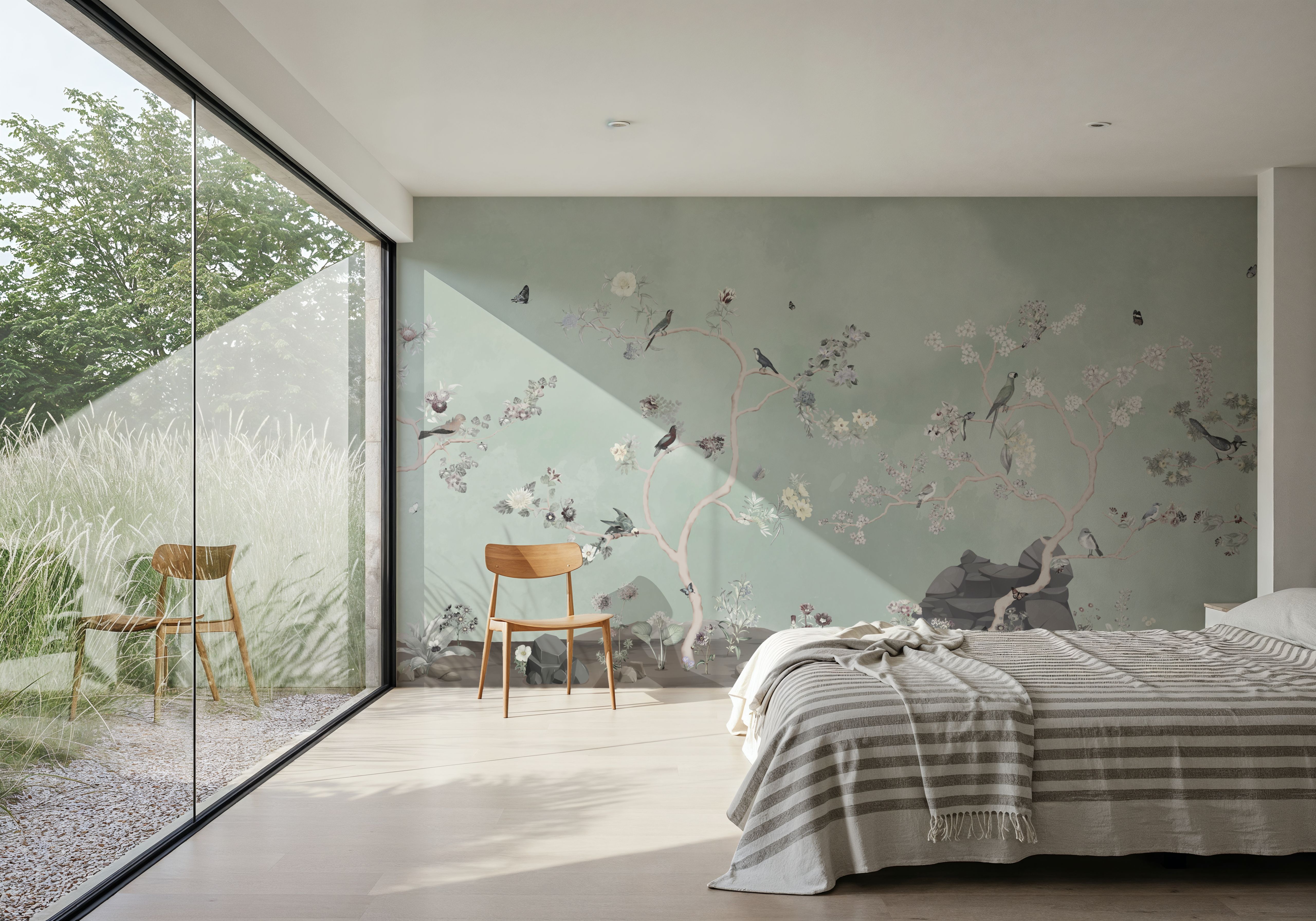 Birds in the Garden Blue Green, Wallpaper