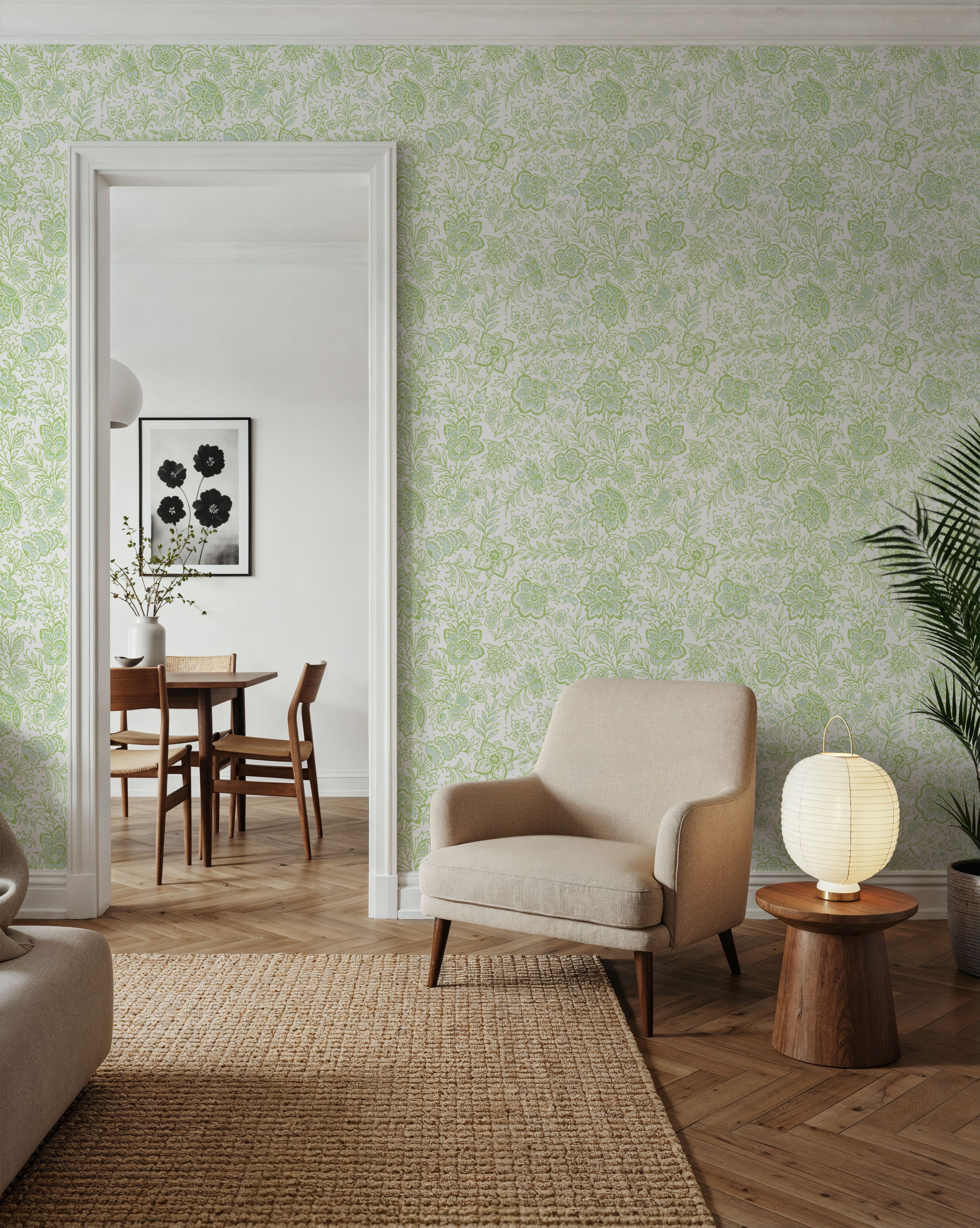 Kala Flowers Green on White