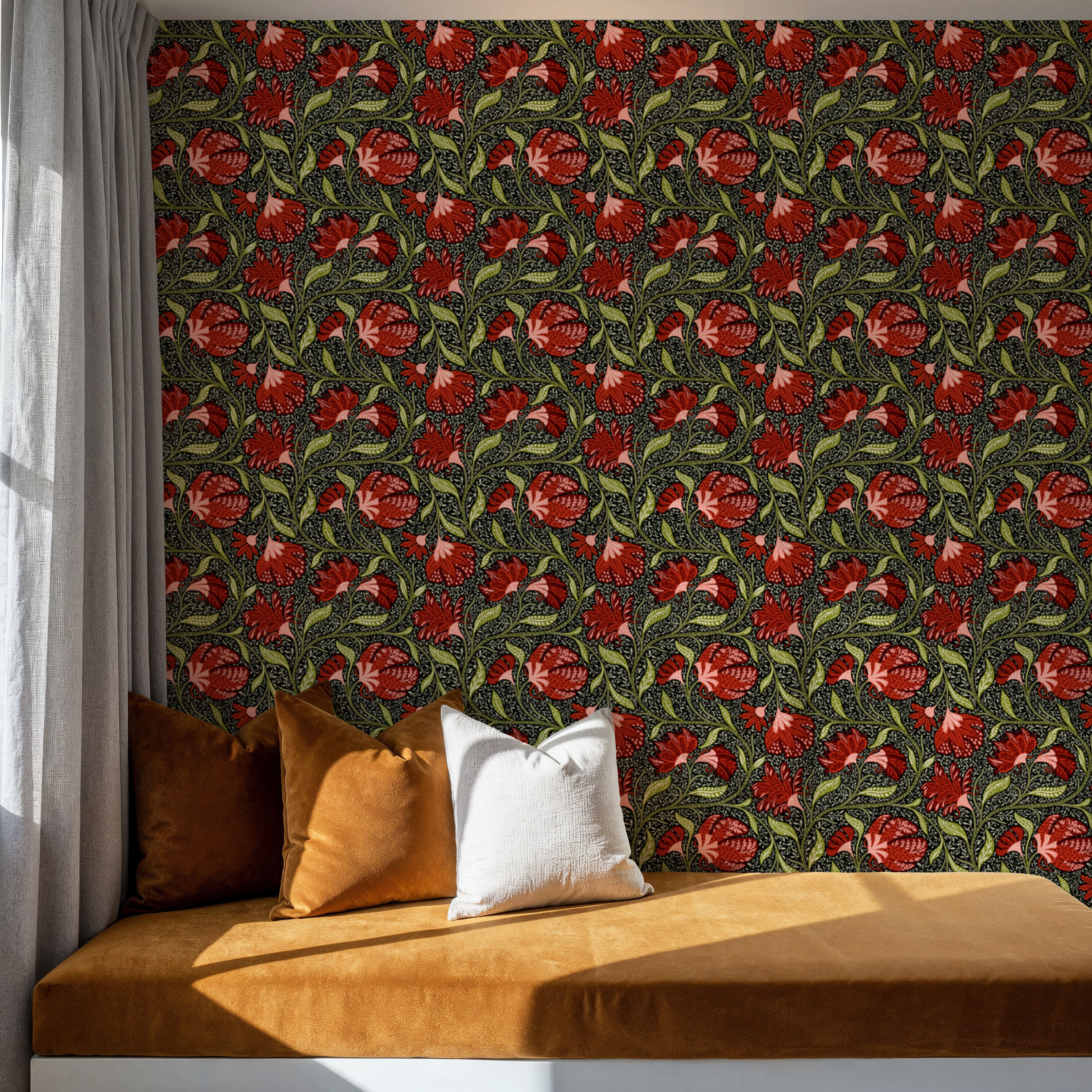 Indial Floral, Vermilion on Midnight