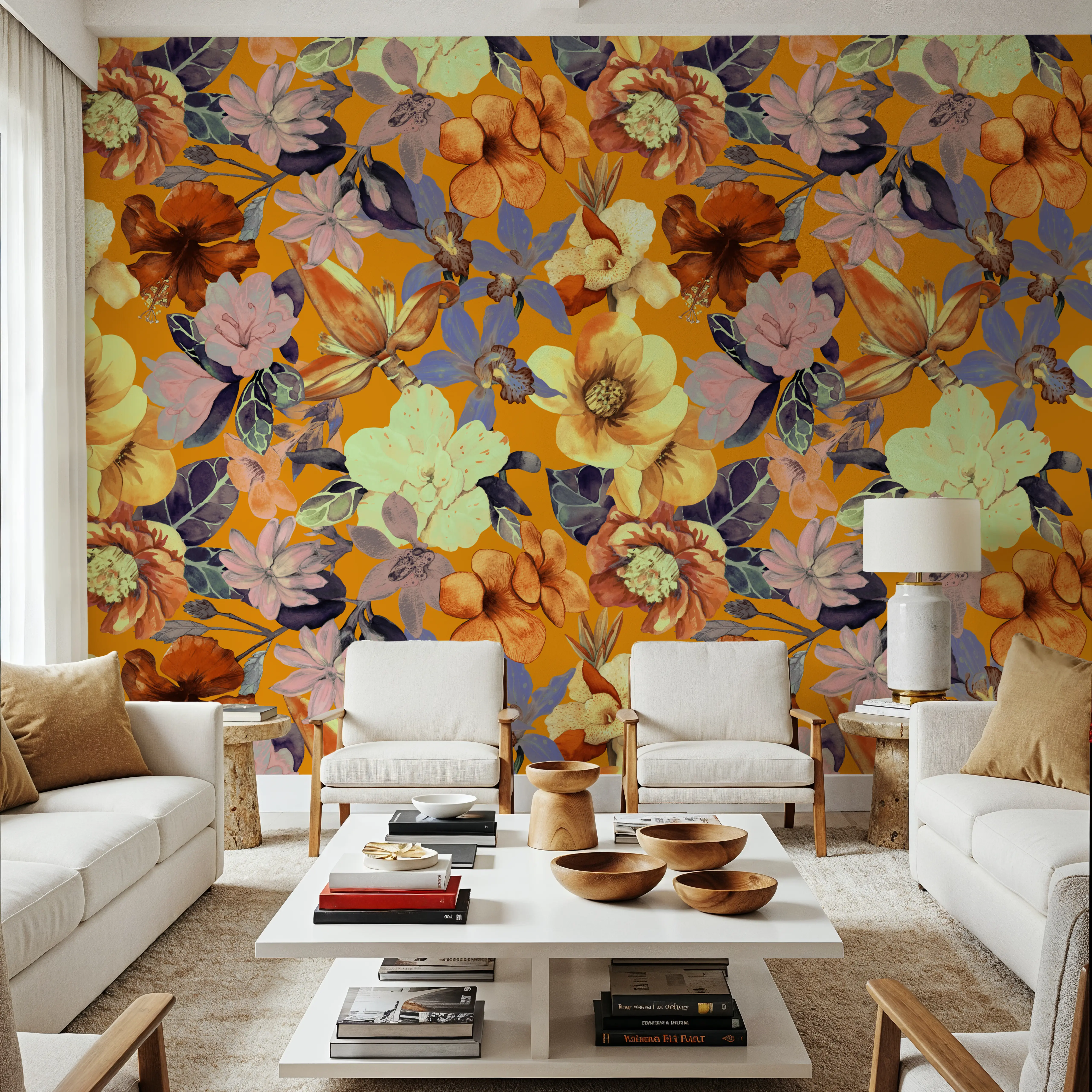 Papier Peint - Tropical Bloom - Floral Nature - Orange - Bureaux - Wallism Belgique - Encollage au mur ou Autocollant