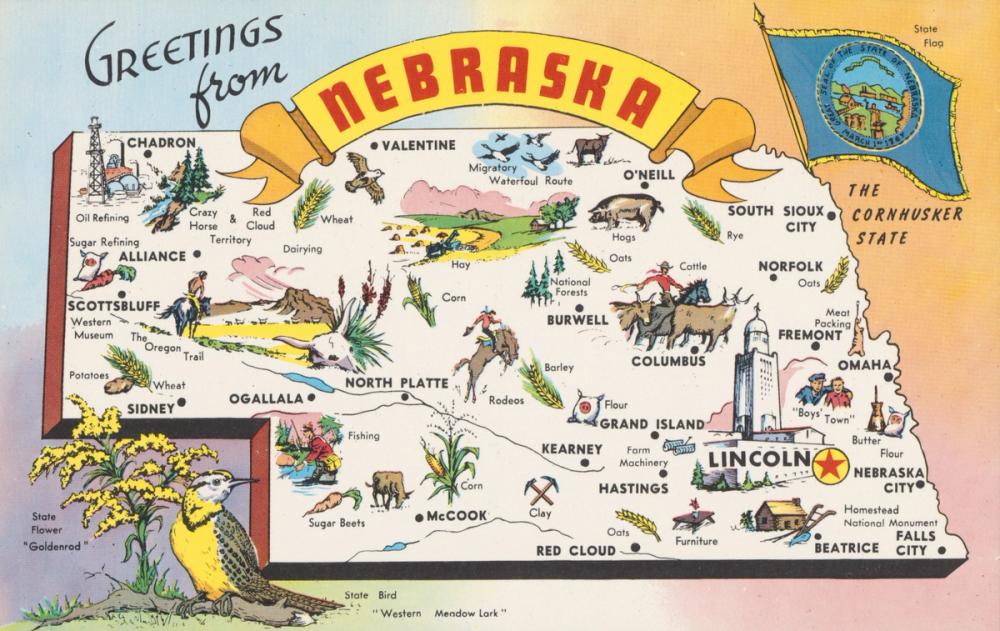 Greetings from Nebraska Map - Screenprint Postcard