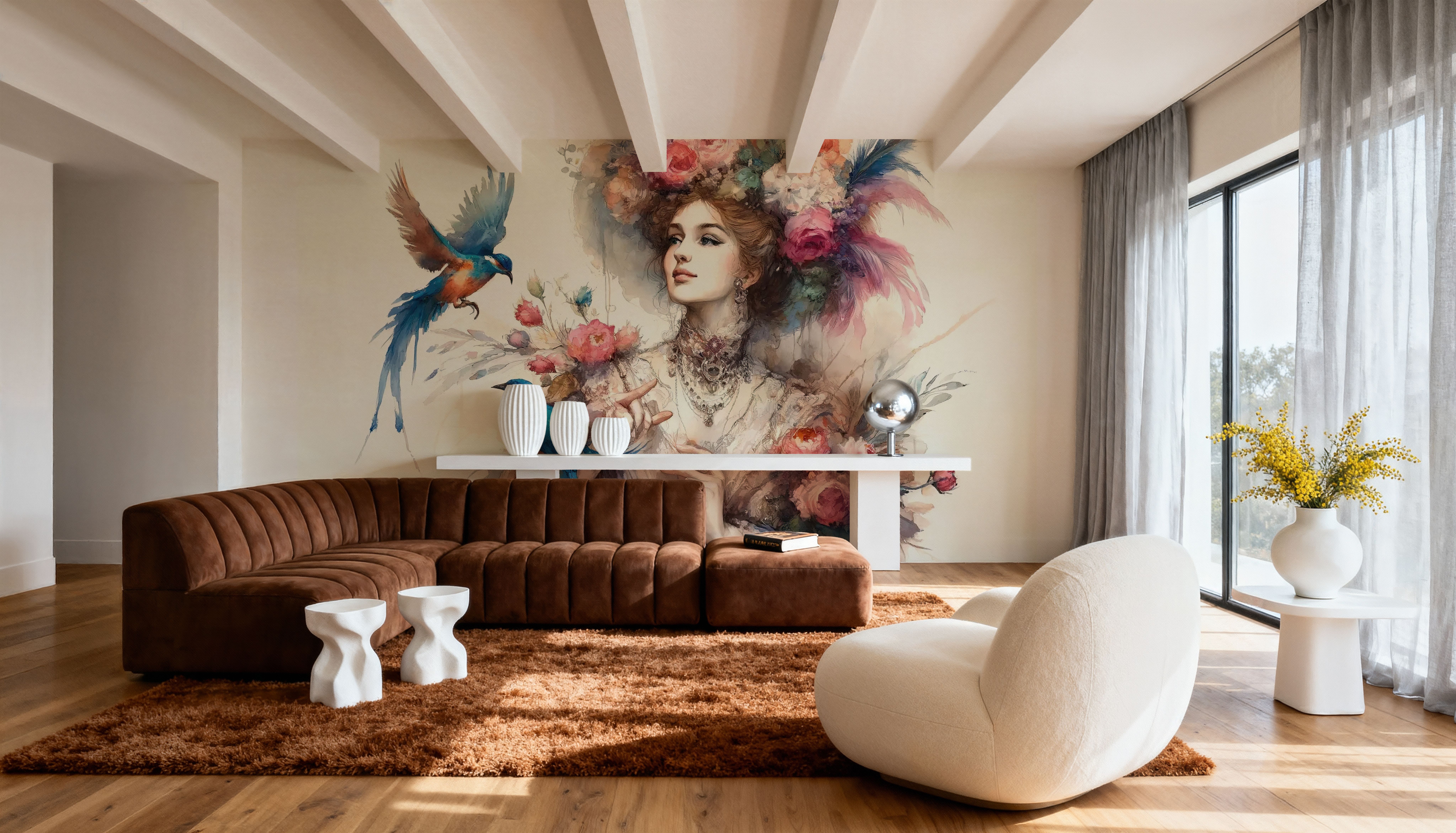 Enchanting Lady Amidst Blooms and Birds