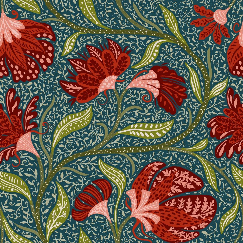 Indial Floral, Vermilion on Teal